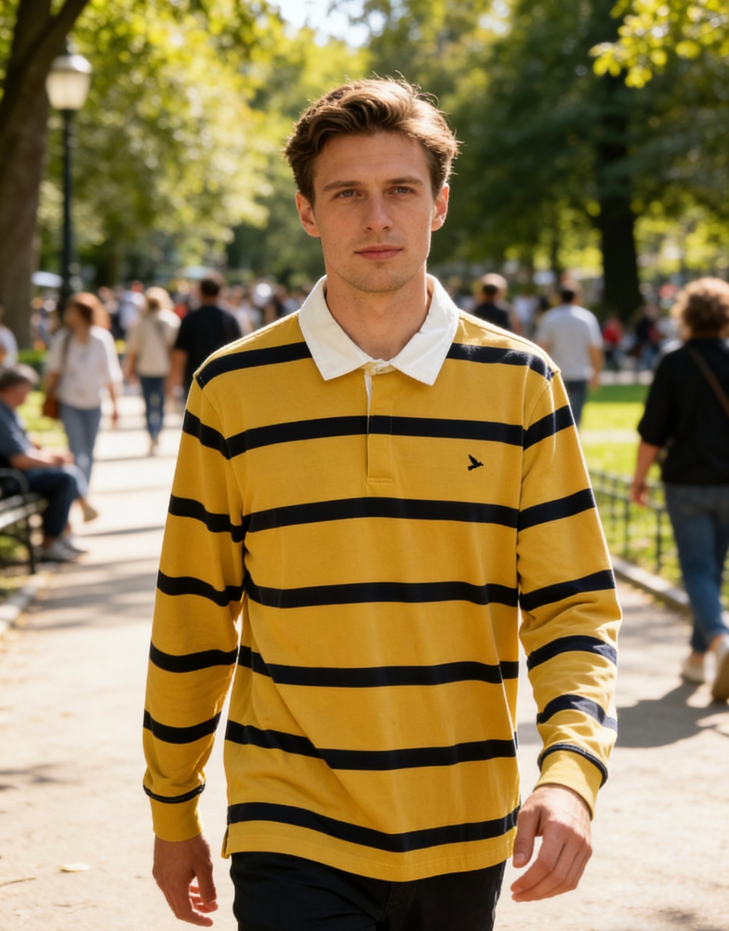 Man’s yellow and navy blue striped long-sleeve rugby shirt with white collar
