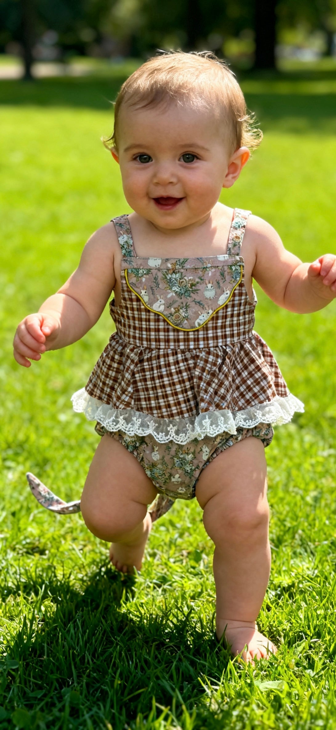 Vintage Floral & Gingham Crossover Back Ruffled Lace Baby Romper