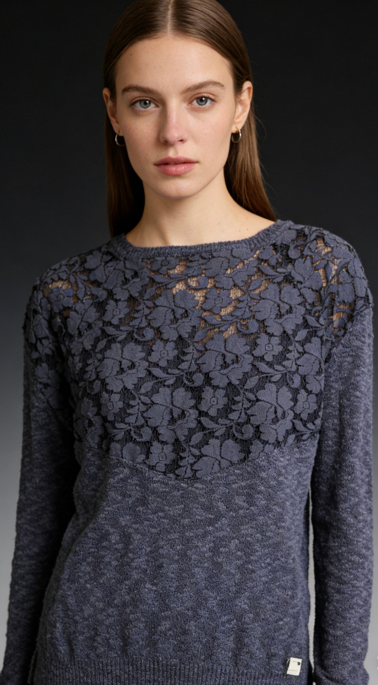 Women’s heather gray relaxed-fit long-sleeve crew neck sweater with gold accented floral lace yoke
