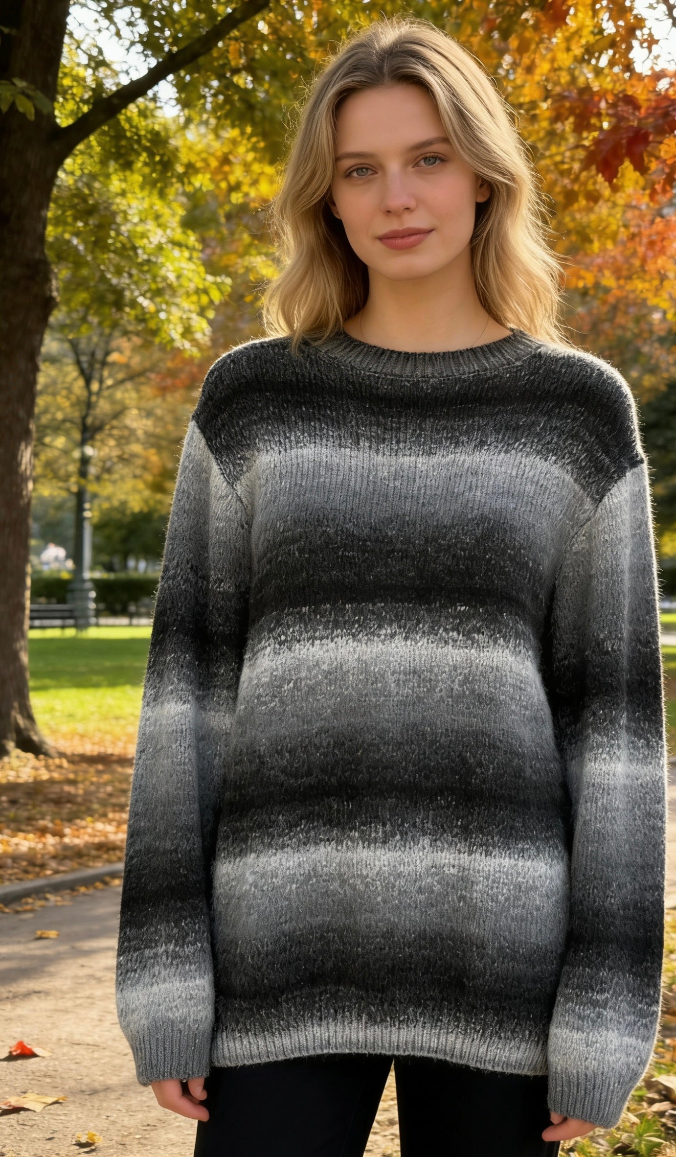 Women’s black and gray ombré striped brushed knit oversized crew neck sweater
