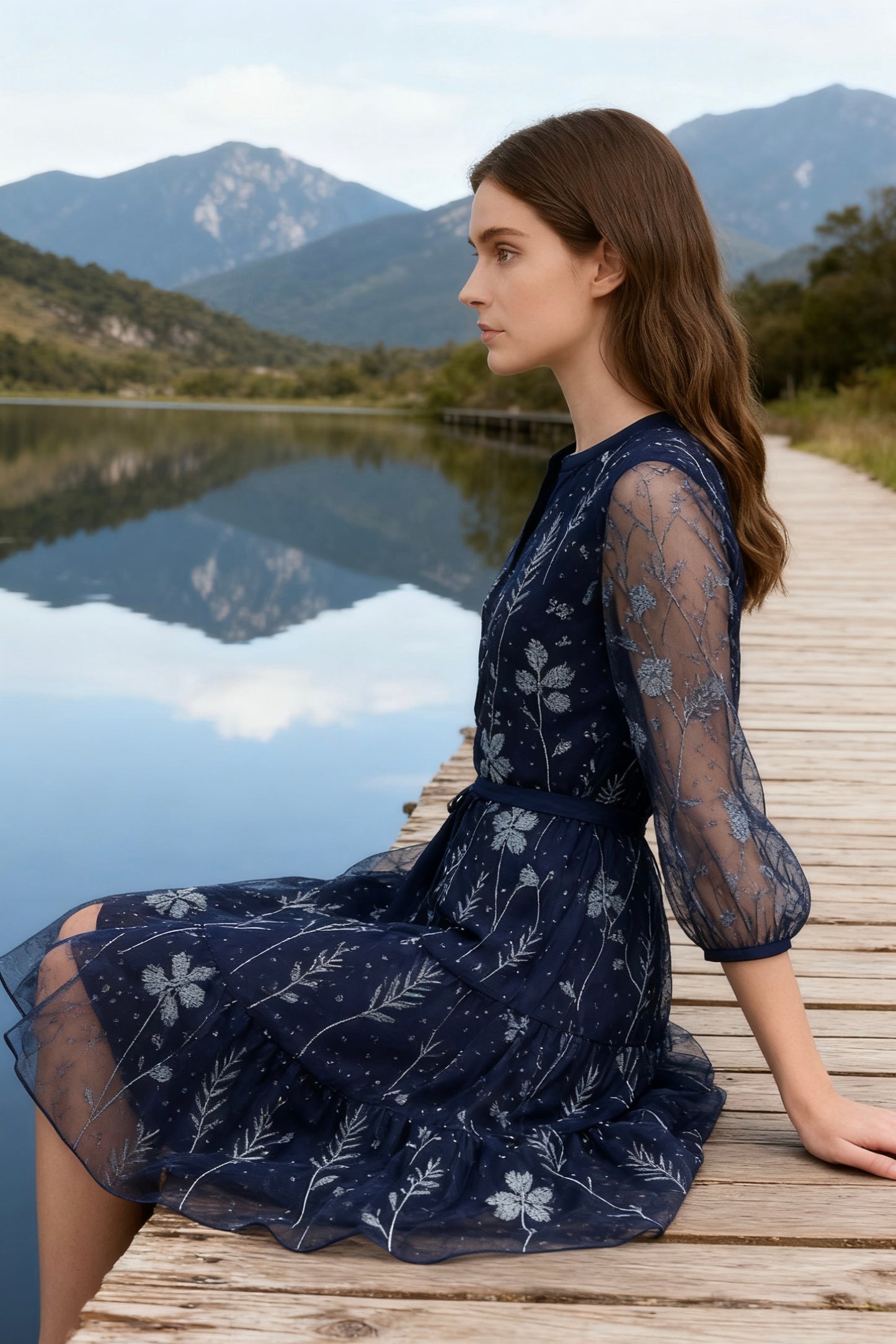 Navy Sheer Embroidered Puff-Sleeve Tiered Midi Dress-4