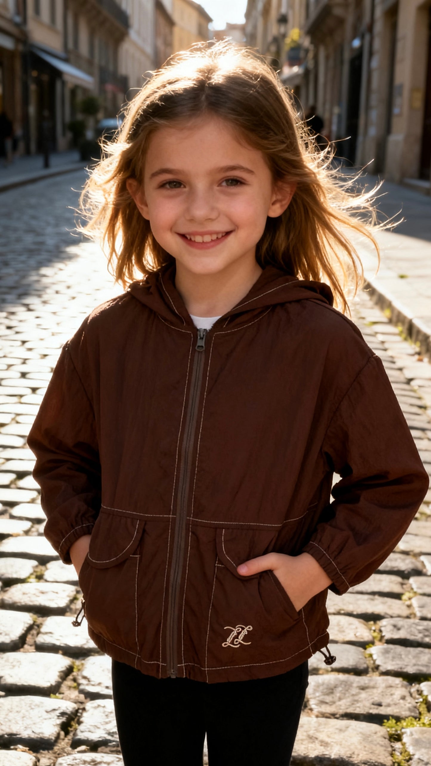 Girls' chocolate brown hooded drawstring windbreaker set-1