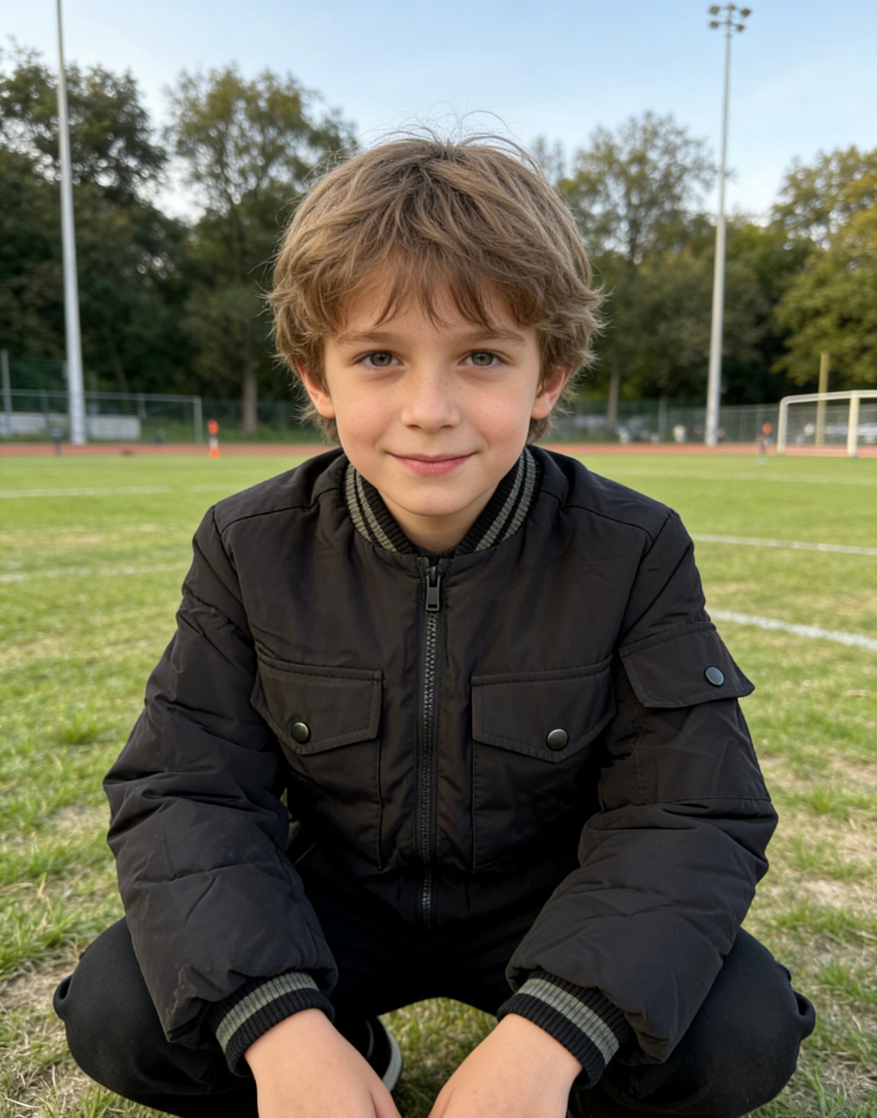 Boys' Black Quilted Bomber Jacket with Flap Pockets & Ribbed Trim