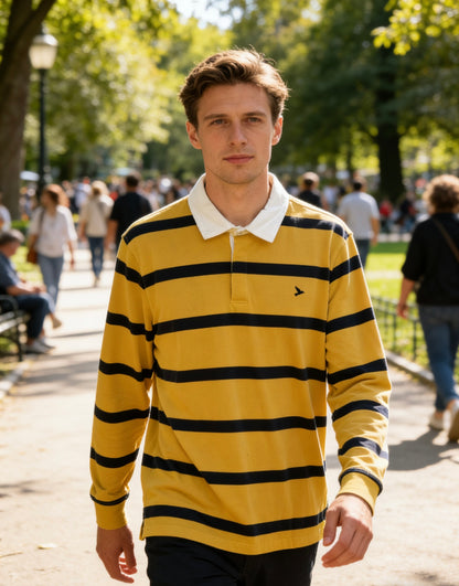 Man’s yellow and navy blue striped long-sleeve rugby shirt with white collar