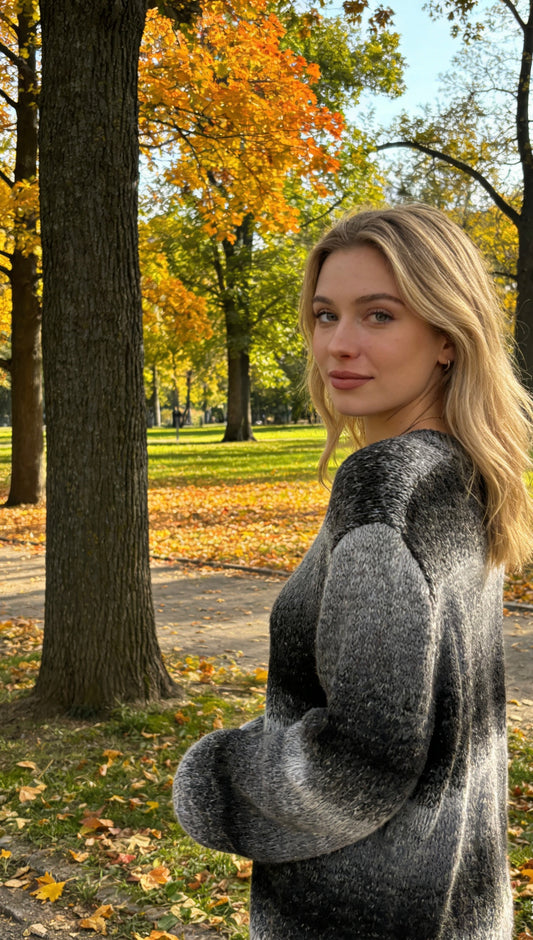 Women’s black and gray ombré striped brushed knit oversized crew neck sweater