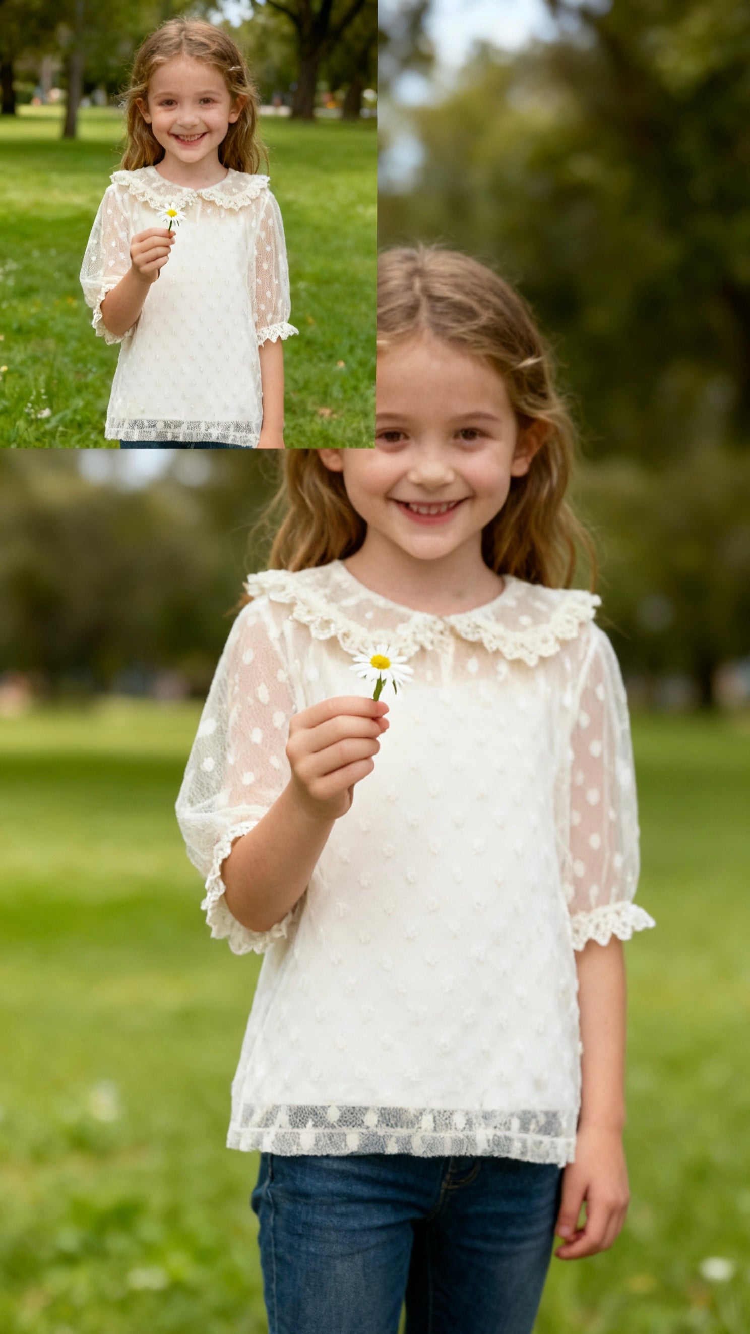 Girls' white polka dot ruffled collar blouse-1