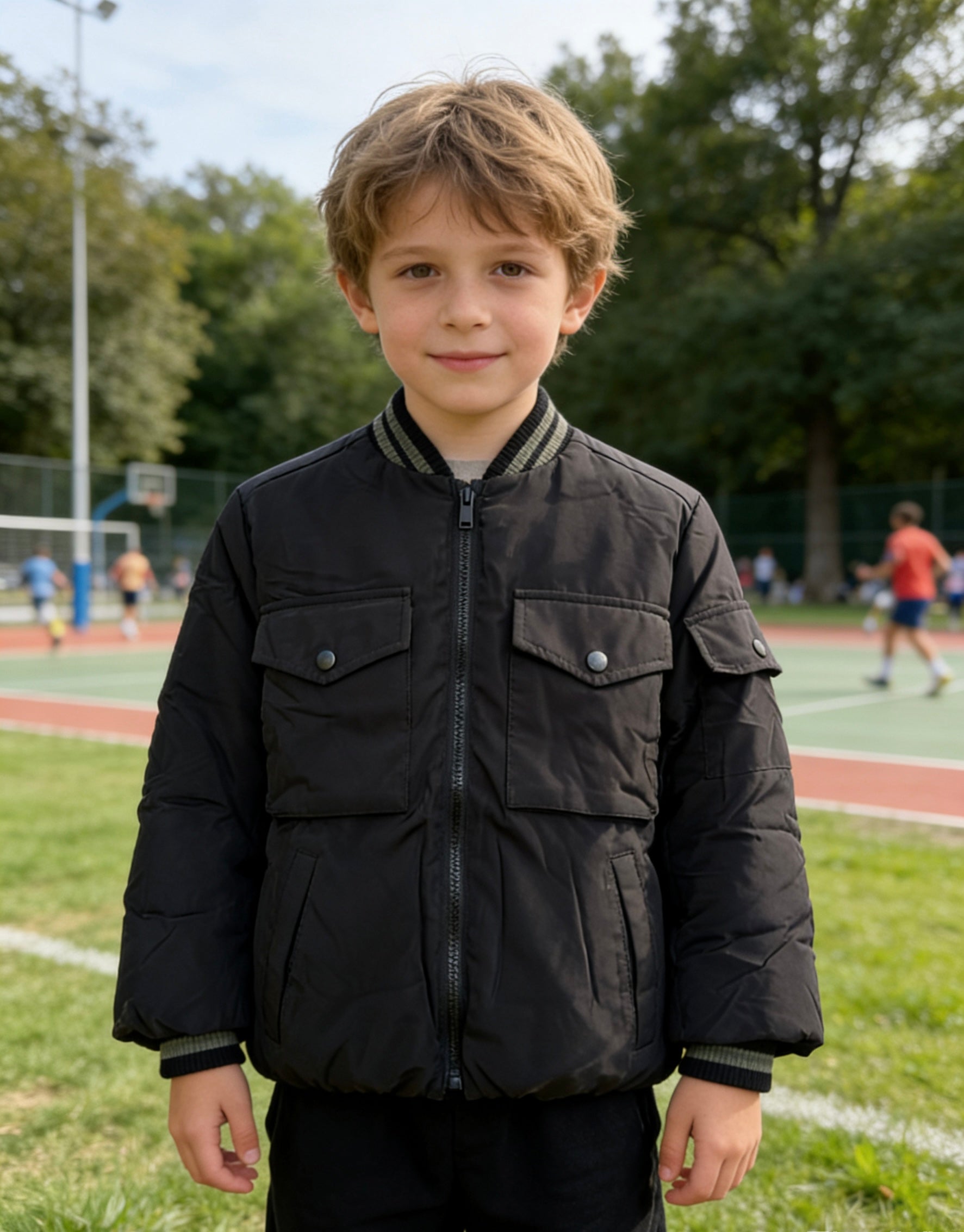 Boys' Black Quilted Bomber Jacket with Flap Pockets & Ribbed Trim