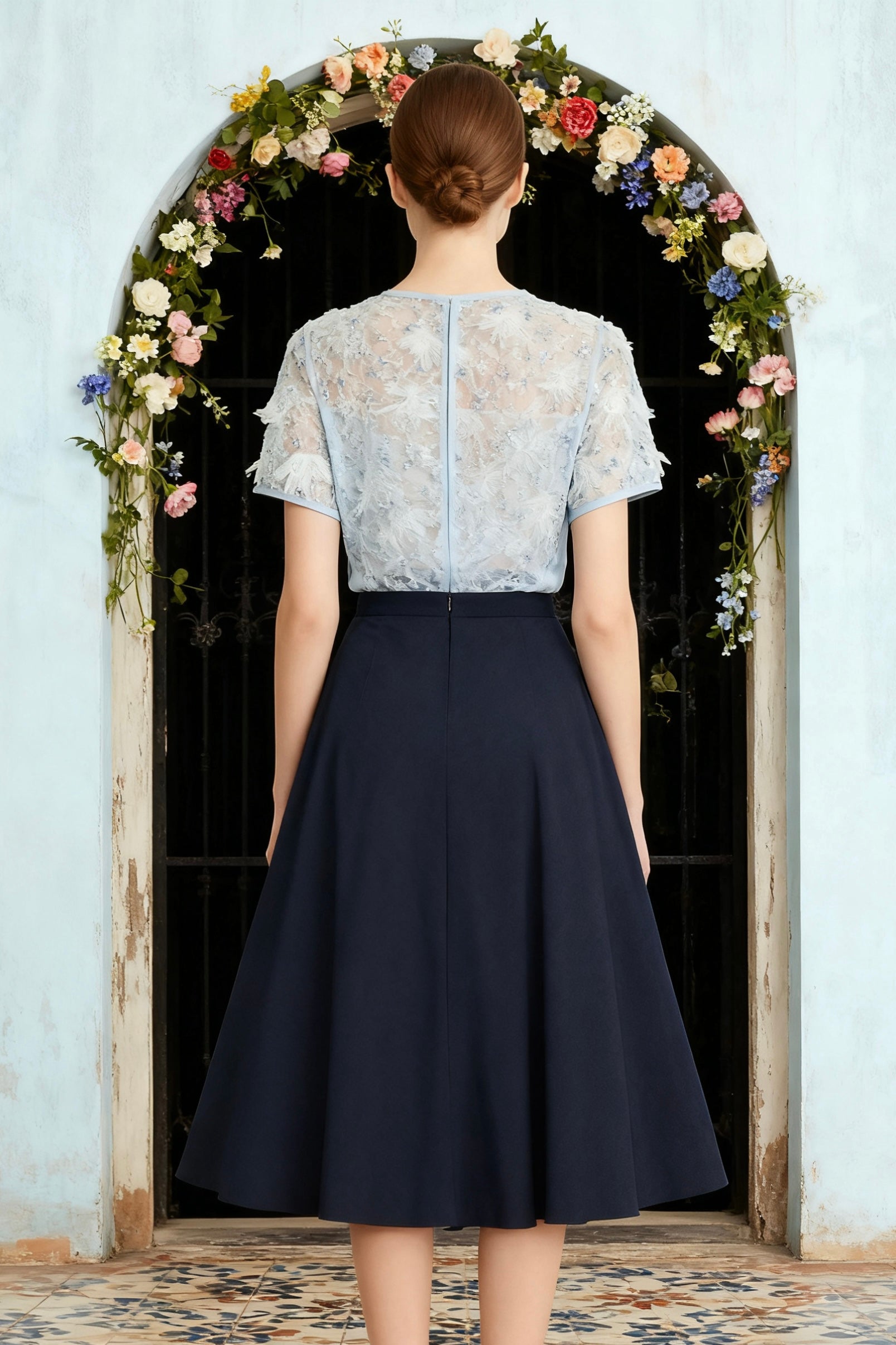 Lace-Overlay Blouse with Midi A-Line Skirt Set-4