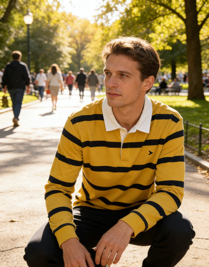 Man’s yellow and navy blue striped long-sleeve rugby shirt with white collar
