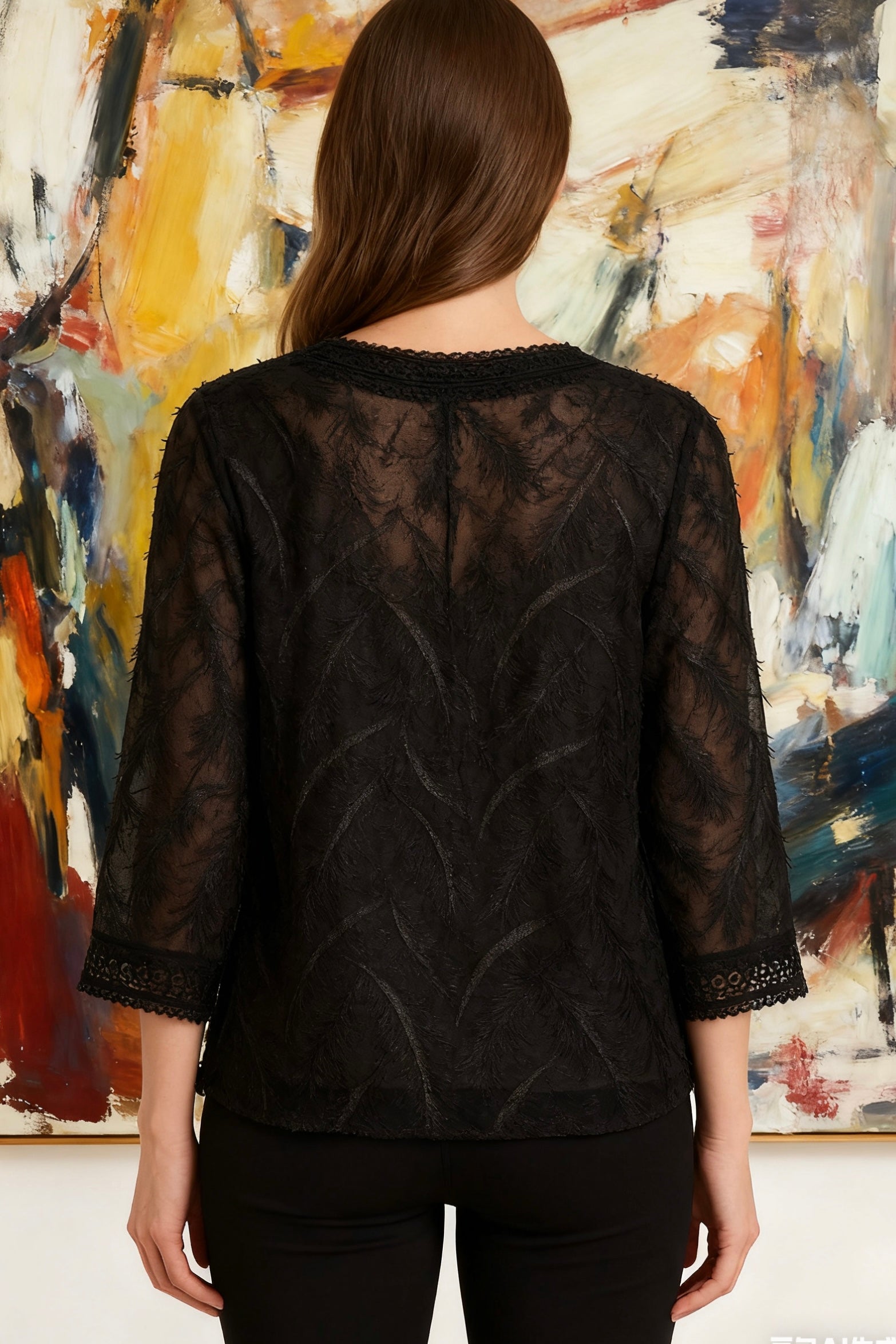 Black Sheer Embroidered 3/4 Sleeve Blouse-4