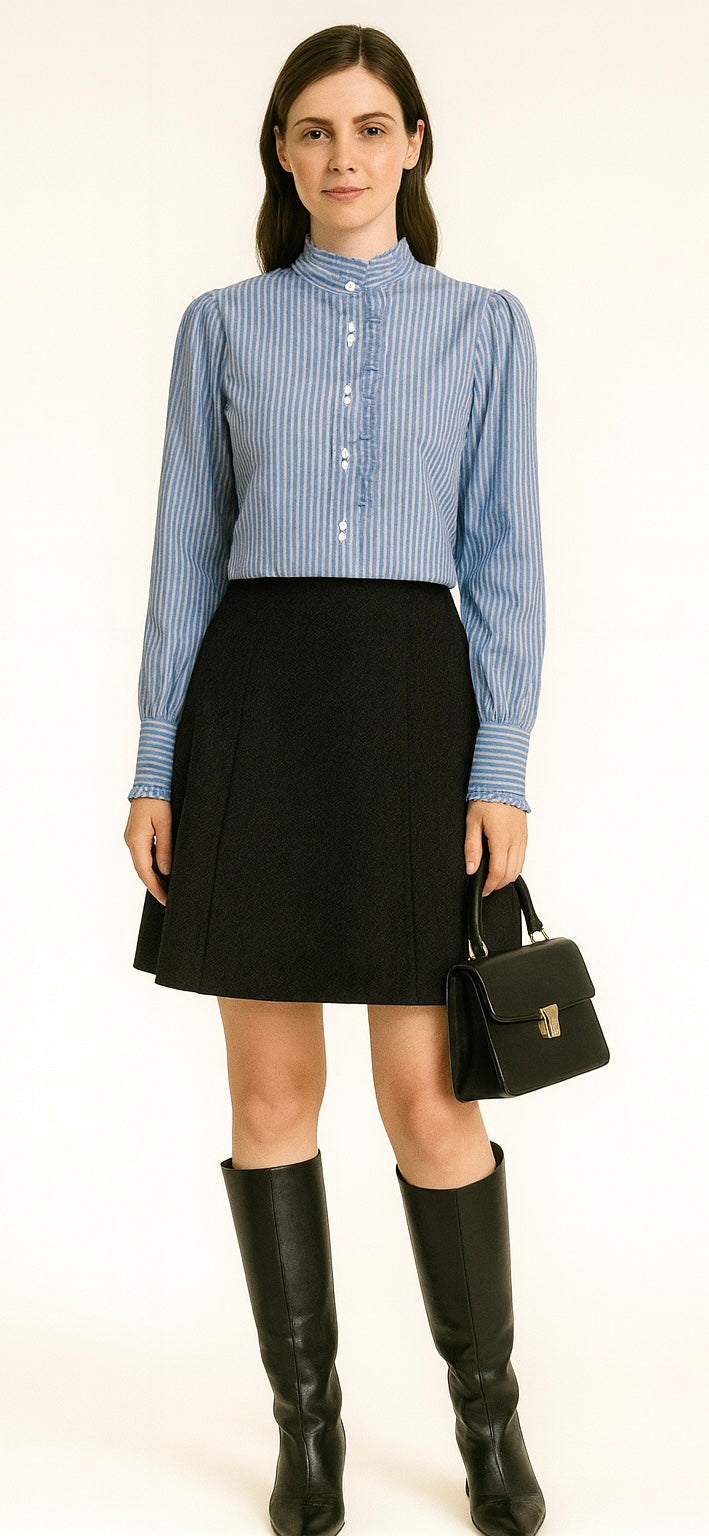 Women’s Light Blue Pinstripe Long-Sleeve Ruffled Mock Neck Blouse-4