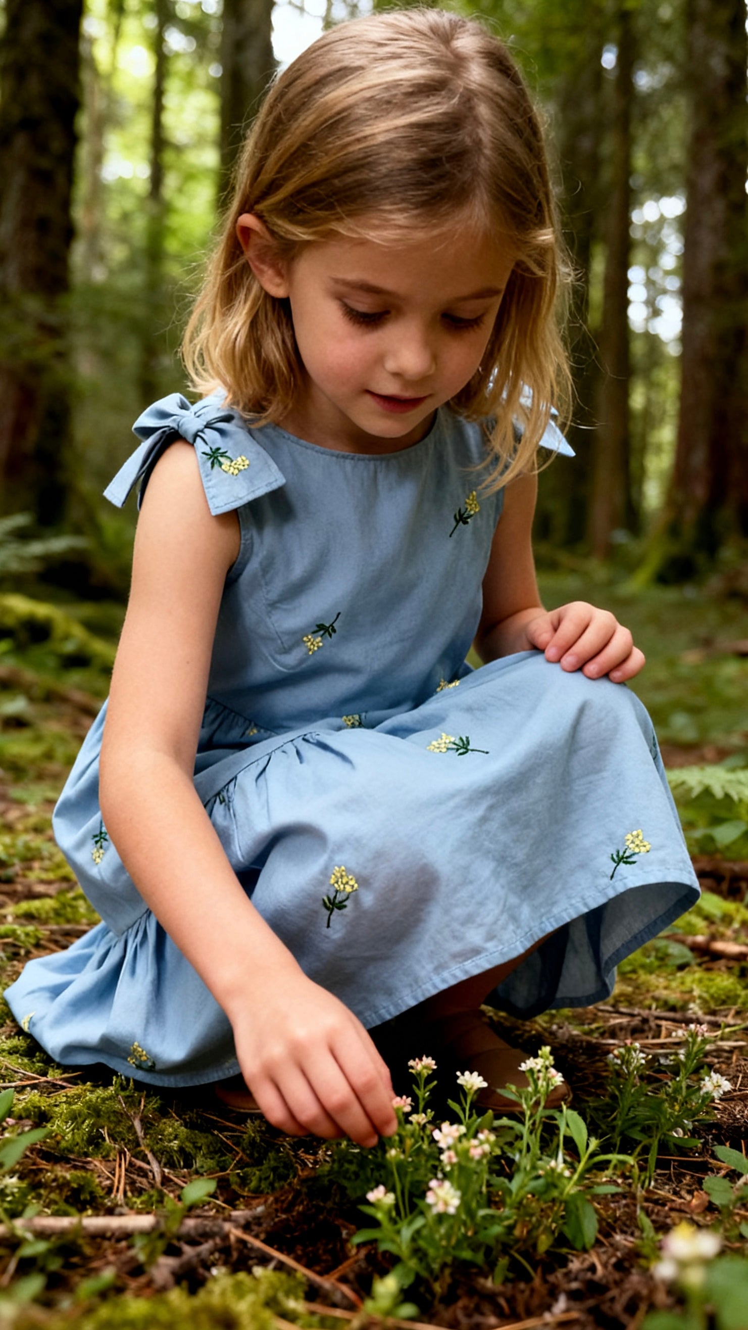 Girls' light blue sleeveless embroidered bow dress-1