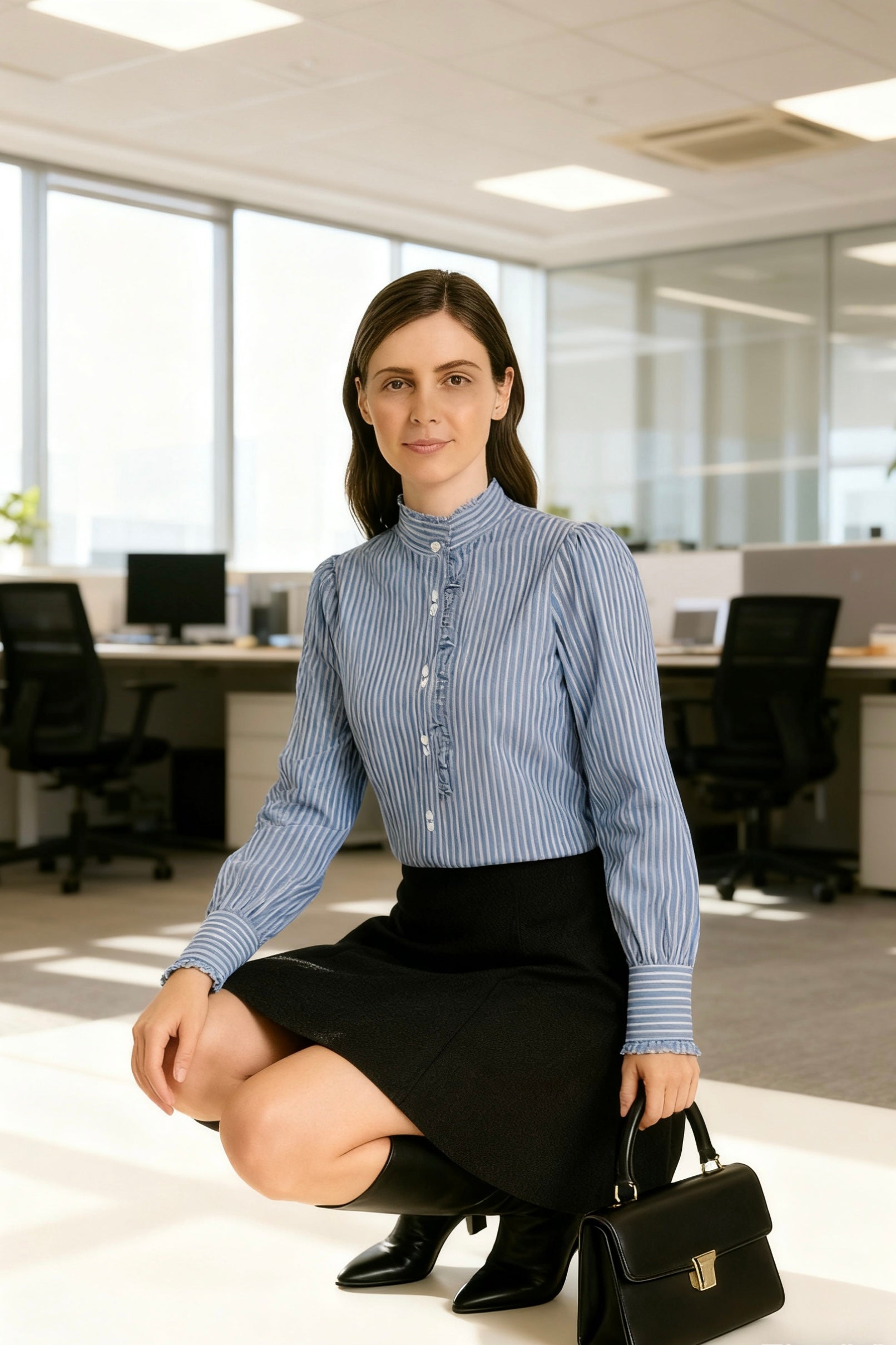 Women’s Light Blue Pinstripe Long-Sleeve Ruffled Mock Neck Blouse-4