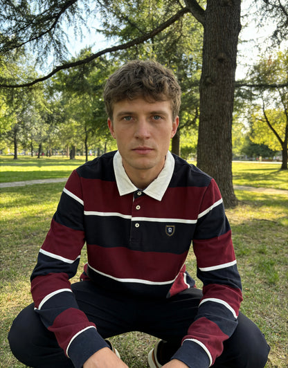 Men's Burgundy & Navy Striped Rugby Polo Shirt with Contrast Collar & Embroidered Badge