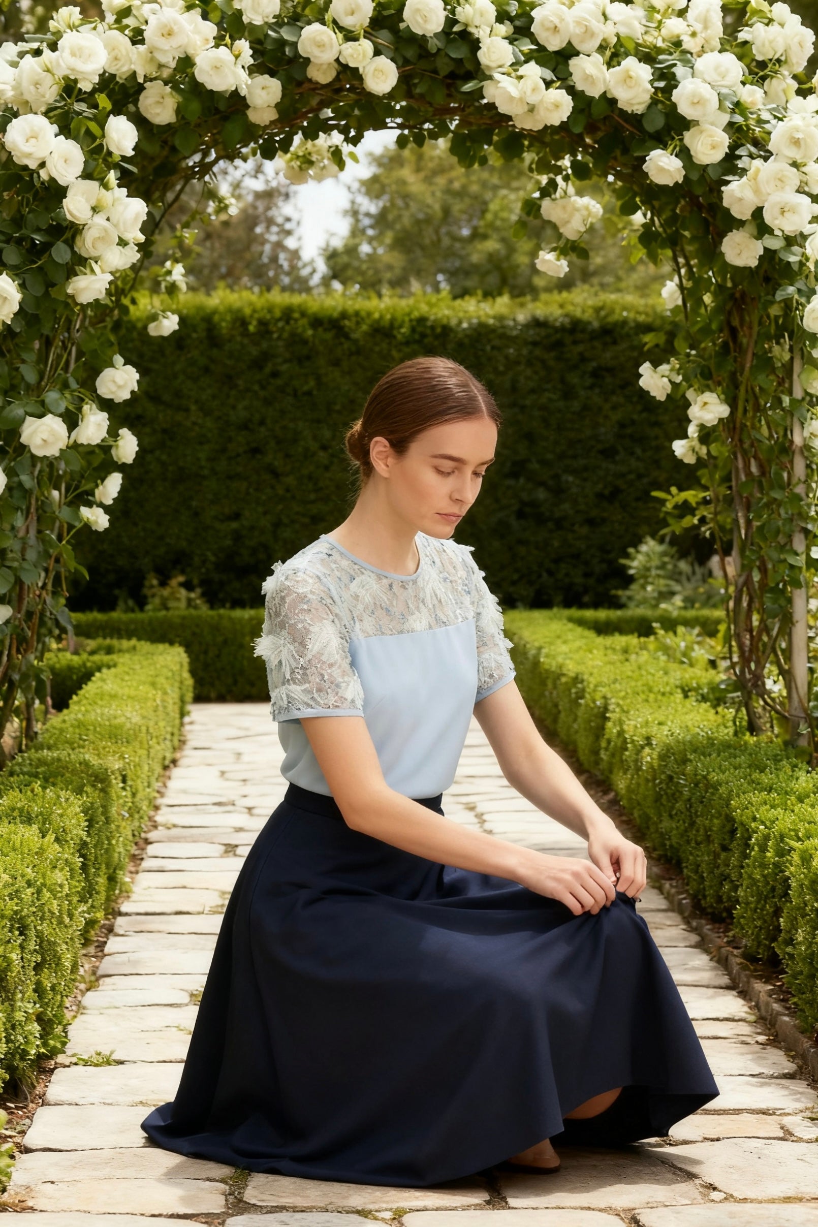 Lace-Overlay Blouse with Midi A-Line Skirt Set-4