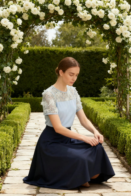 Lace-Overlay Blouse with Midi A-Line Skirt Set-4