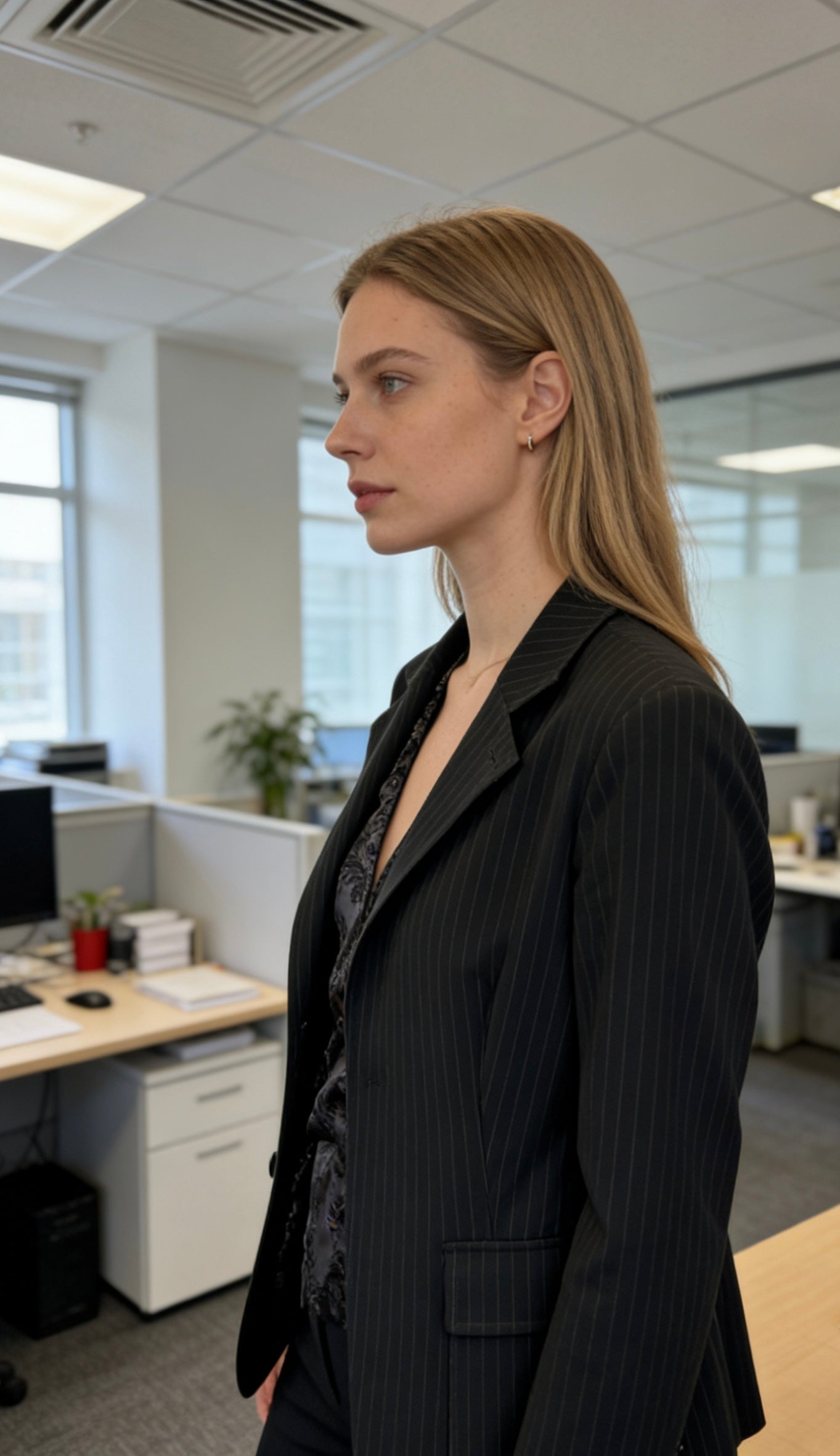 Women’s black pinstripe relaxed-fit single-breasted office blazer