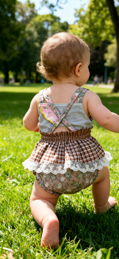 Vintage Floral & Gingham Crossover Back Ruffled Lace Baby Romper