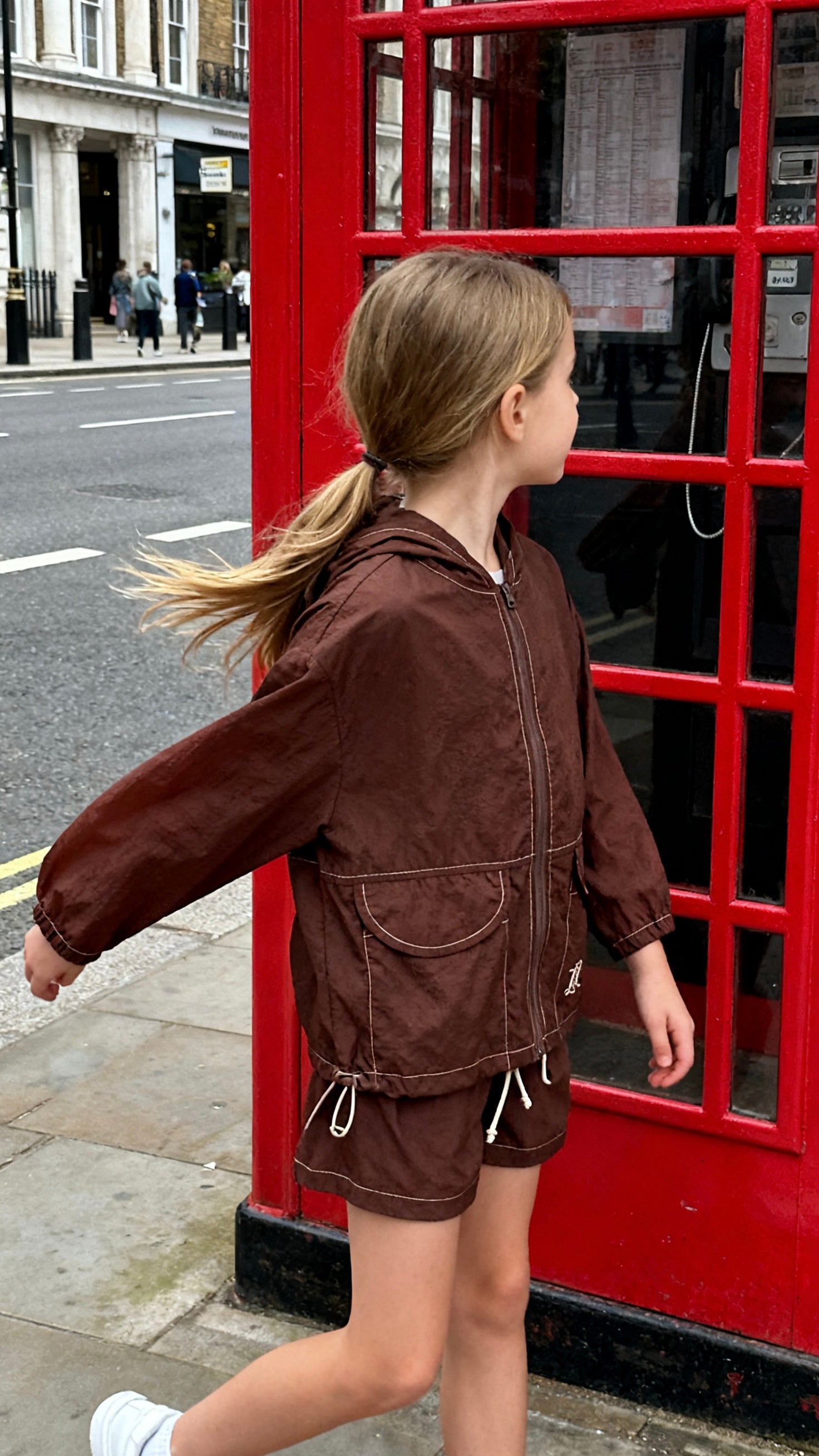 Girls' chocolate brown hooded drawstring windbreaker set-1