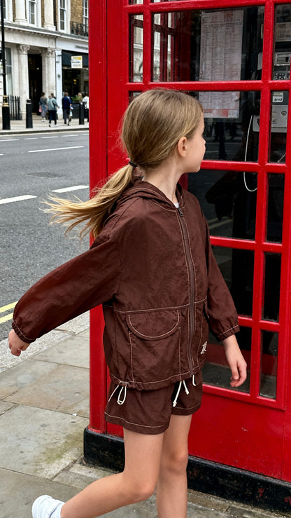 Girls' chocolate brown hooded drawstring windbreaker set-1