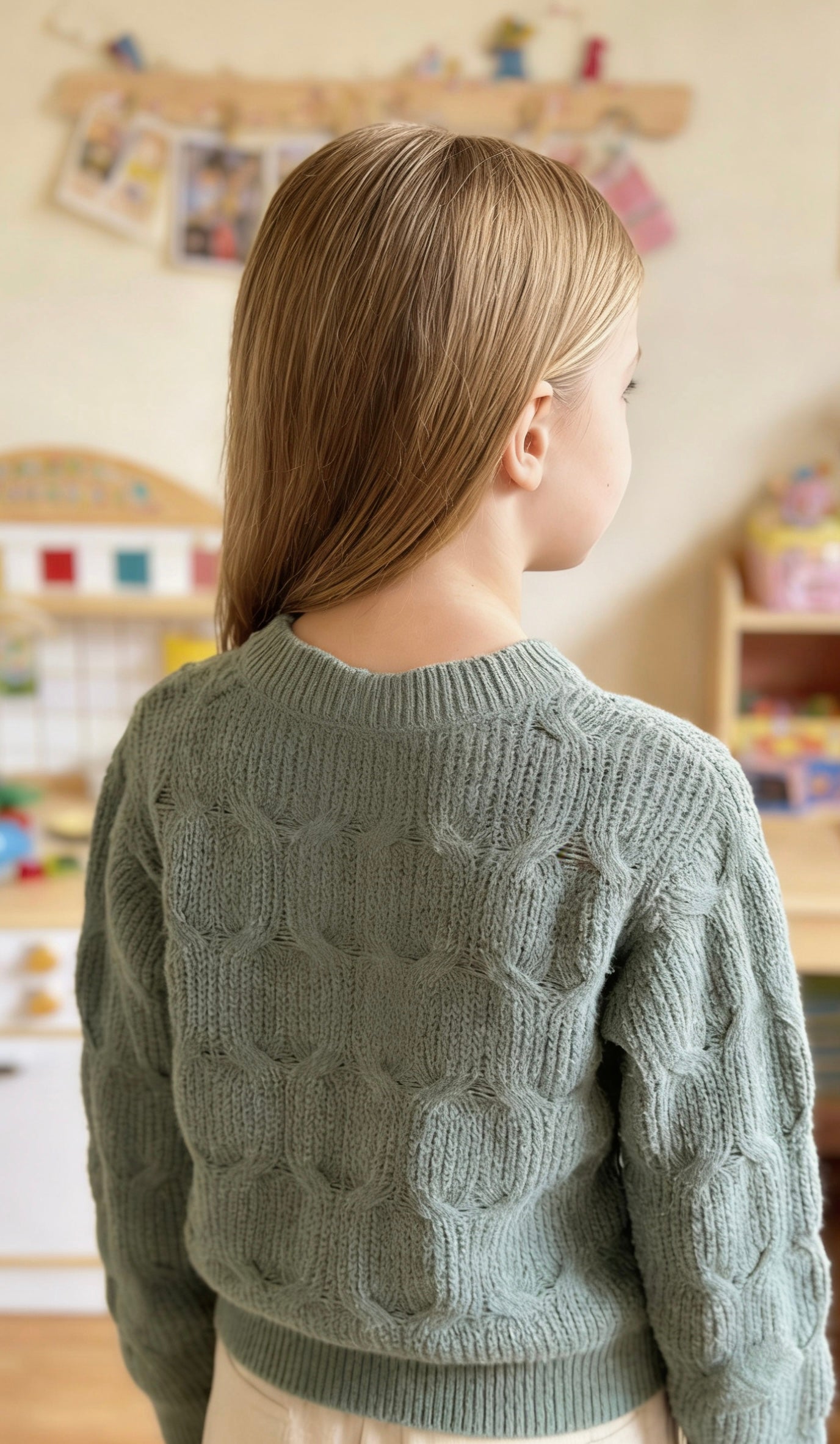 Girl’s’ sage green cable knit crew neck sweater