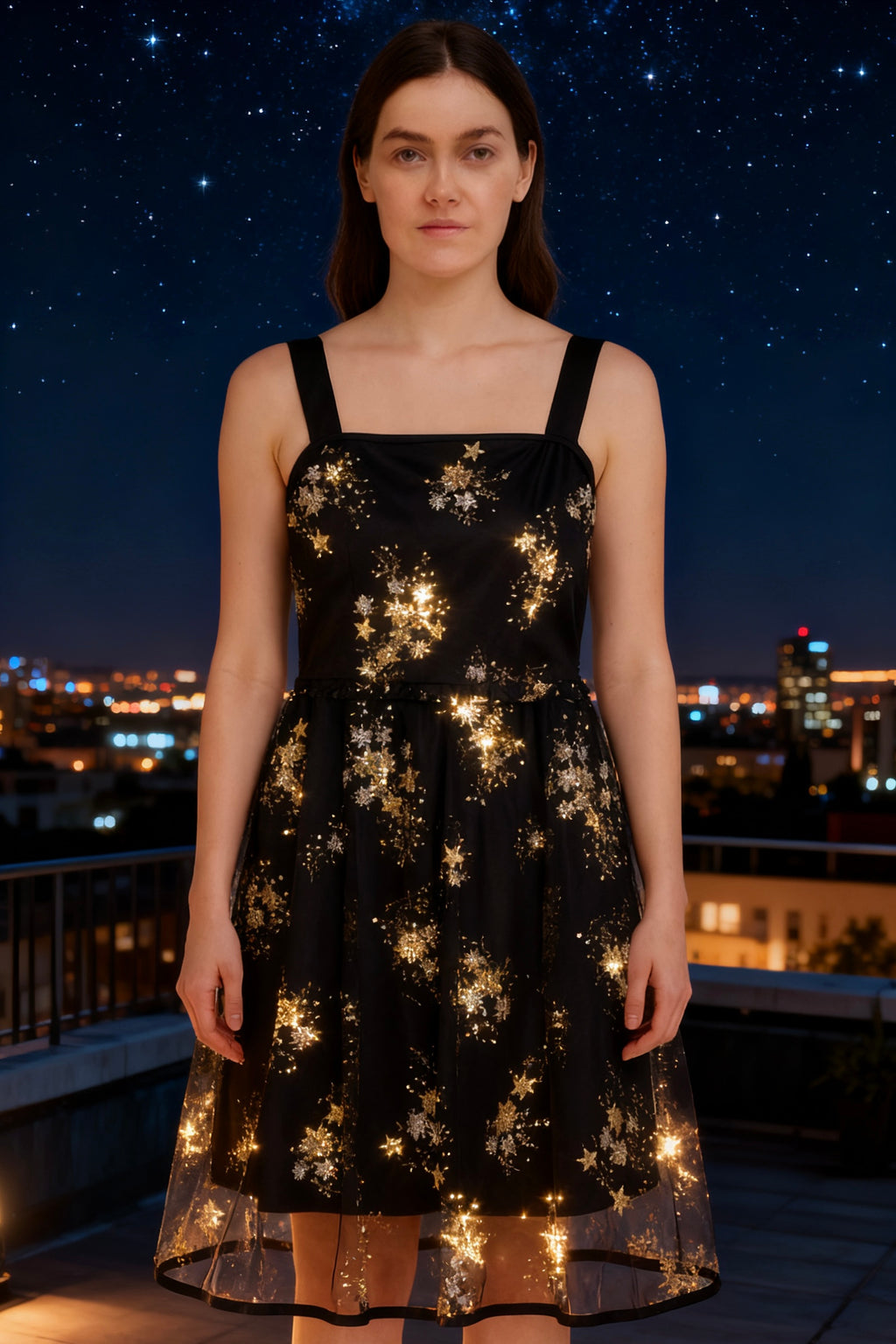 Black Star-Print Spaghetti Strap Tiered Tulle Dress-4