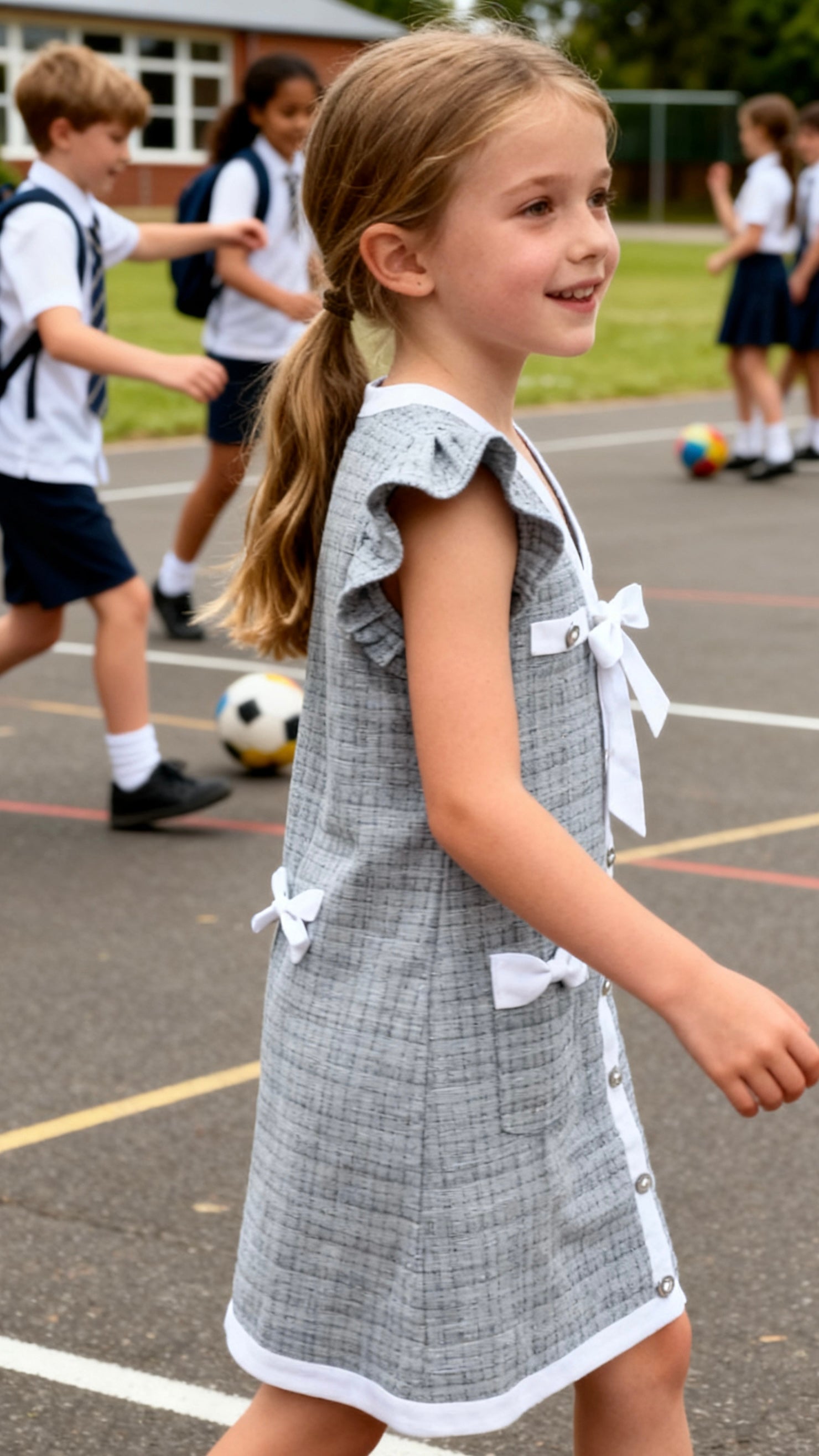 Girls' gray plaid ruffled trim dress-1