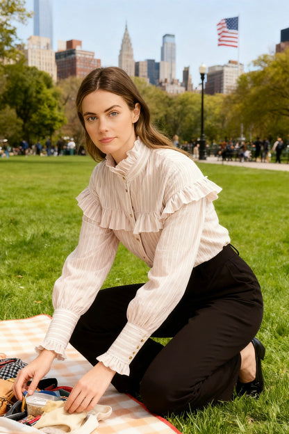 Ruffled Striped Mock Neck Blouse-4