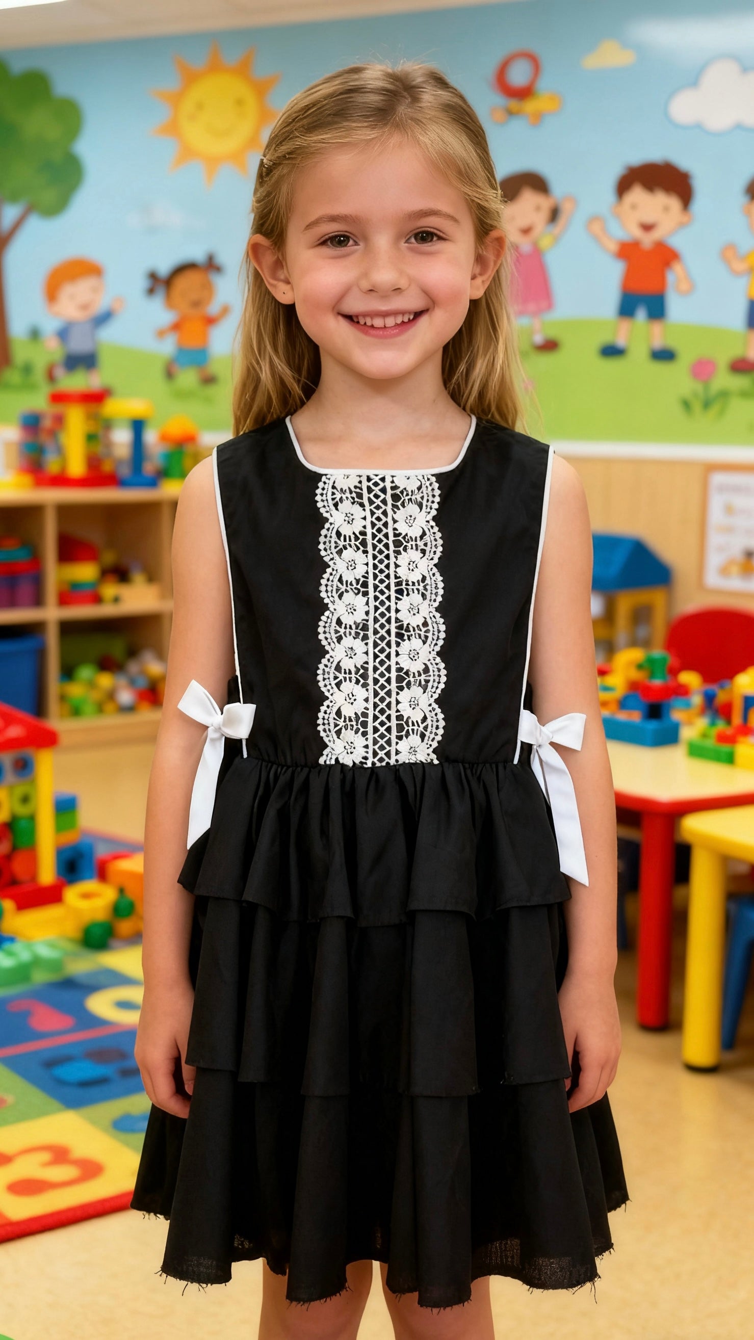 Girls’ black and white lace ruffled dress-1