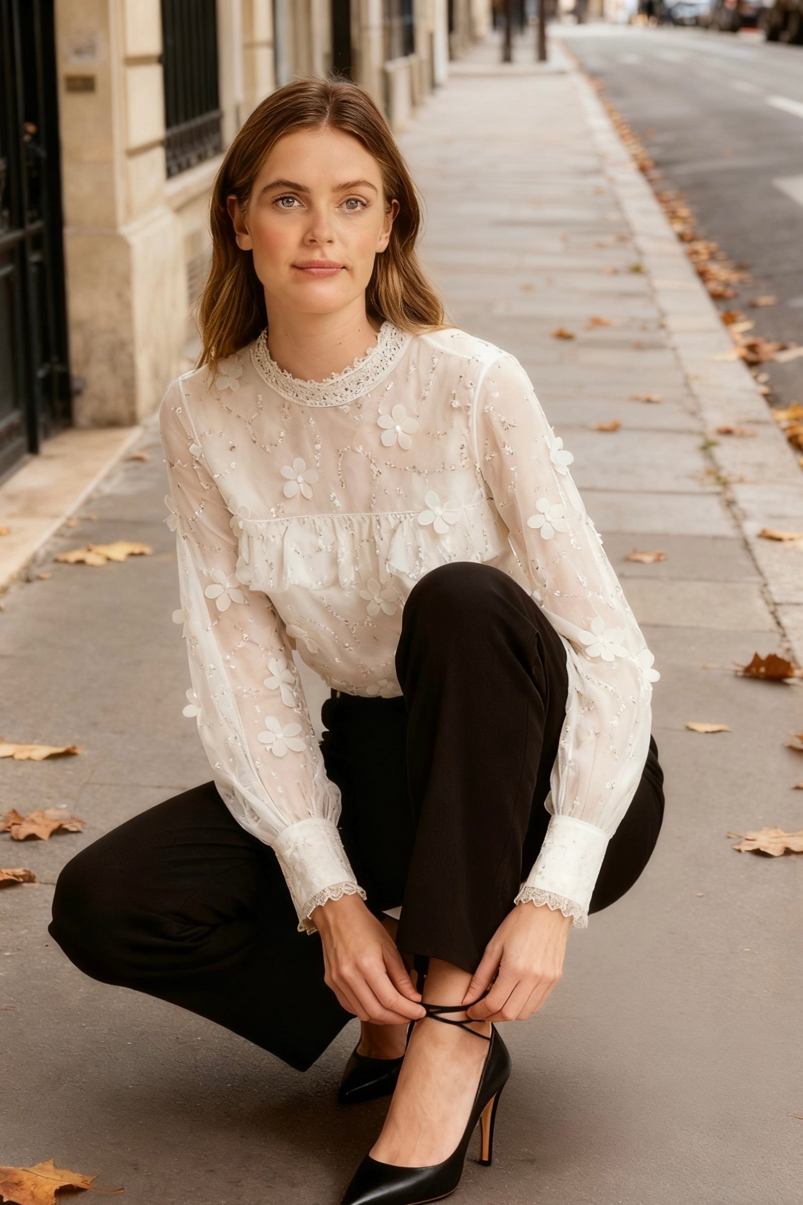 Ruffled Striped Mock Neck Blouse-4