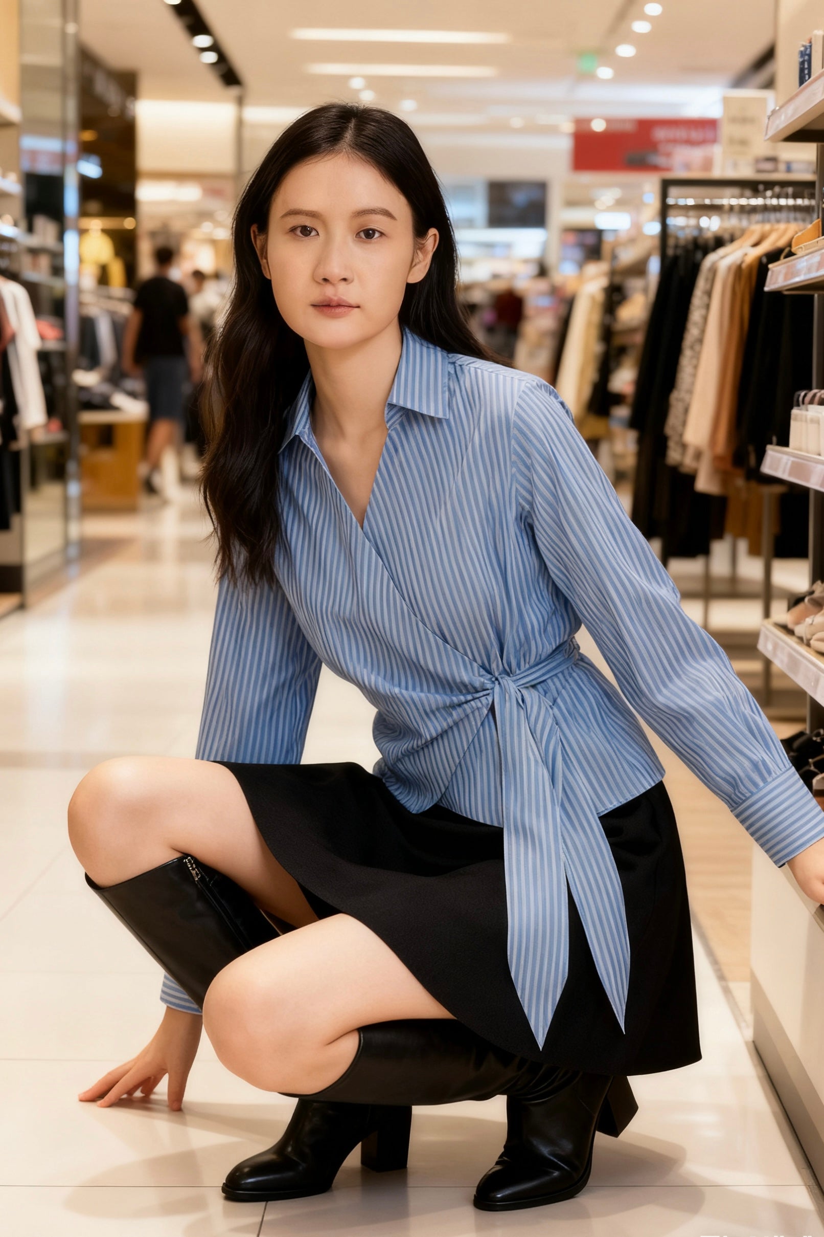 Women’s Light Blue Fine Striped Long-Sleeve Wrap-Front Tie-Waist Shirt Blouse-4