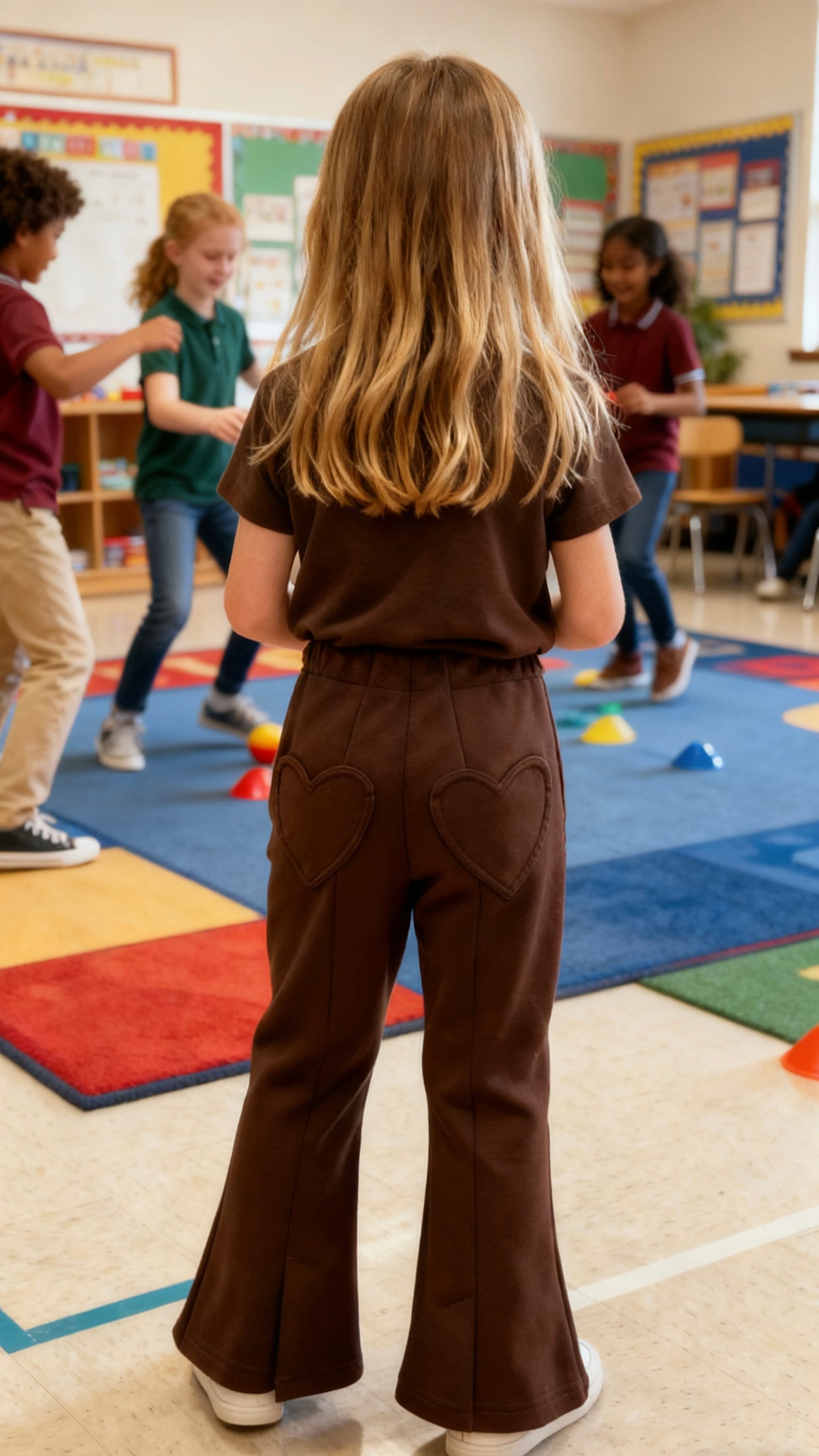 Girls' Brown Flared Pants with Heart Pockets-1