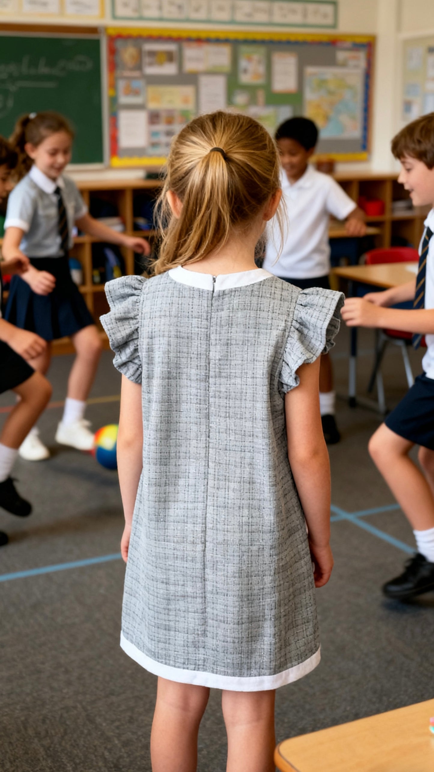 Girls' gray plaid ruffled trim dress-1