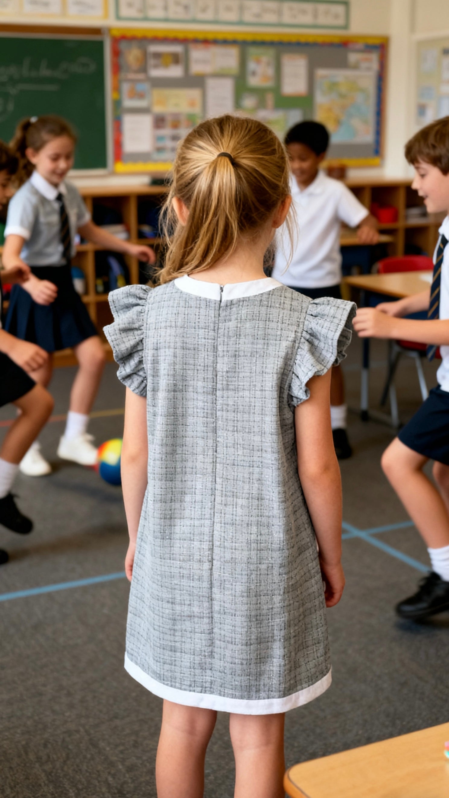 Girls' gray plaid ruffled trim dress-1