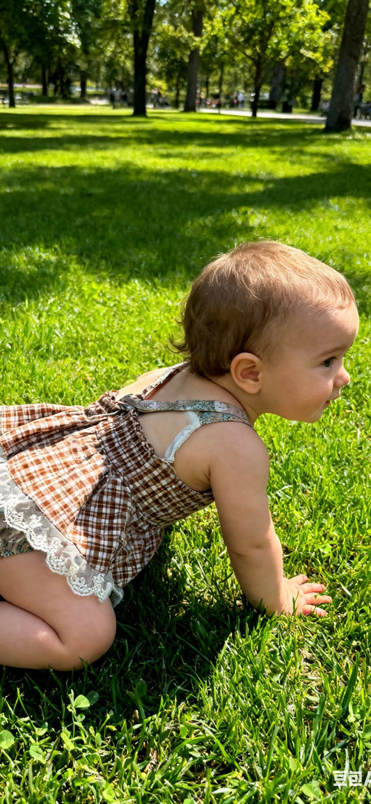 Vintage Floral & Gingham Crossover Back Ruffled Lace Baby Romper