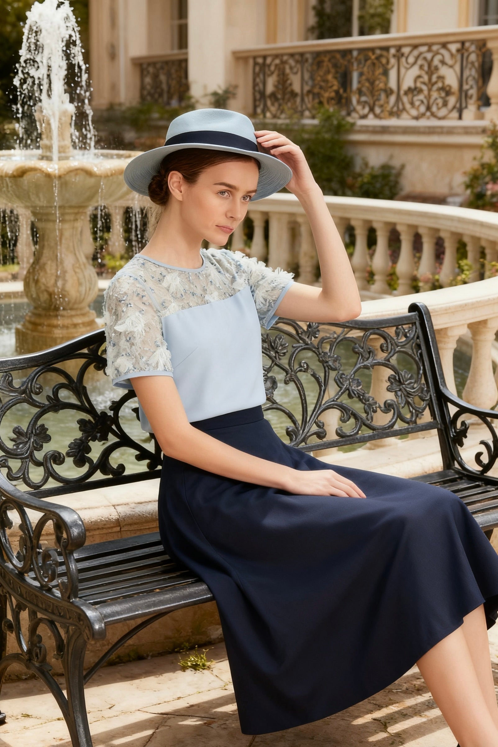 Lace-Overlay Blouse with Midi A-Line Skirt Set-4