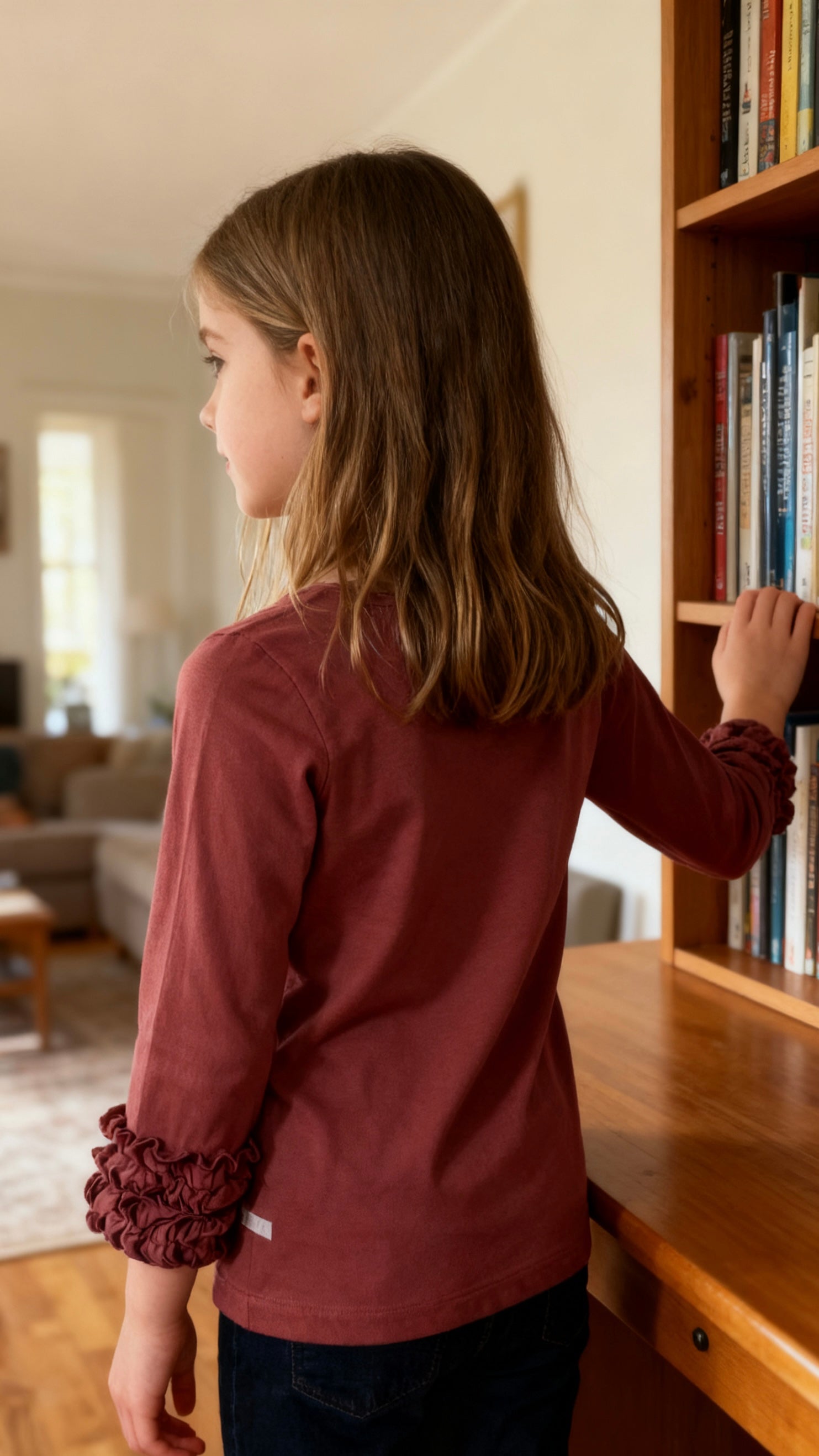 Girls' burgundy ruffled-sleeve long-sleeve top