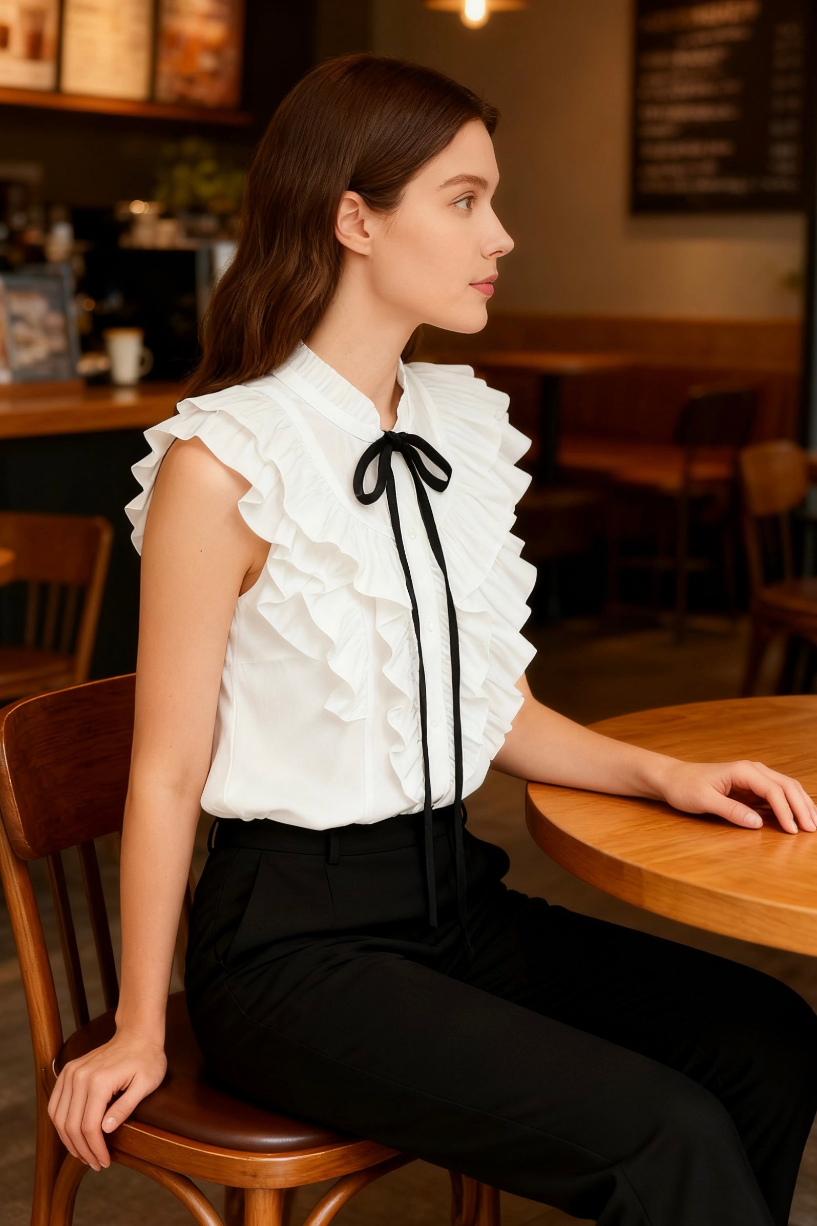 White Sleeveless Ruffled Tie-Neck Blouse-4