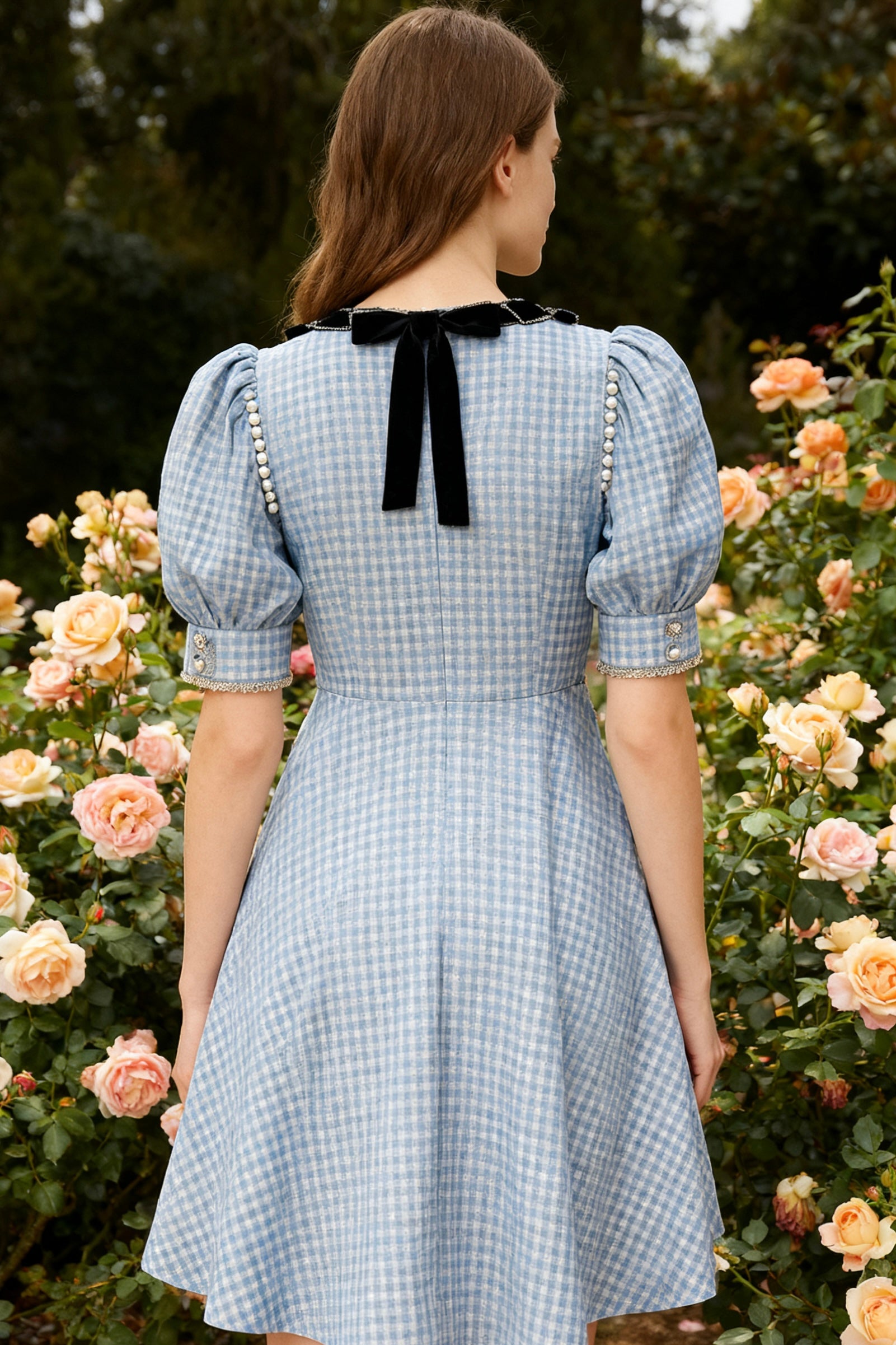 Gingham Puff-Sleeve Dress with Pearl Trim & Velvet Bow Collar-4