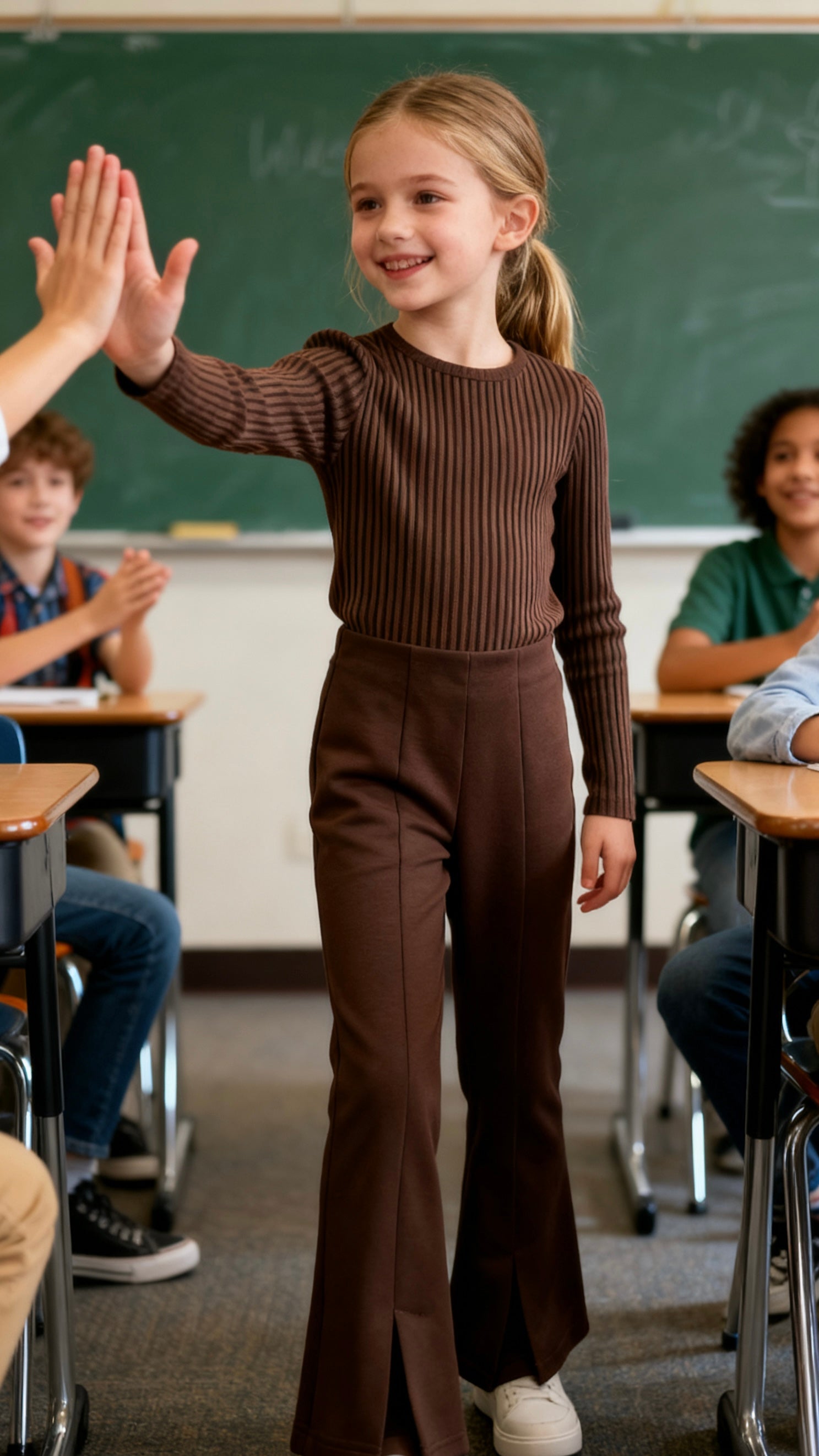 Girls' Brown Flared Pants with Heart Pockets-1