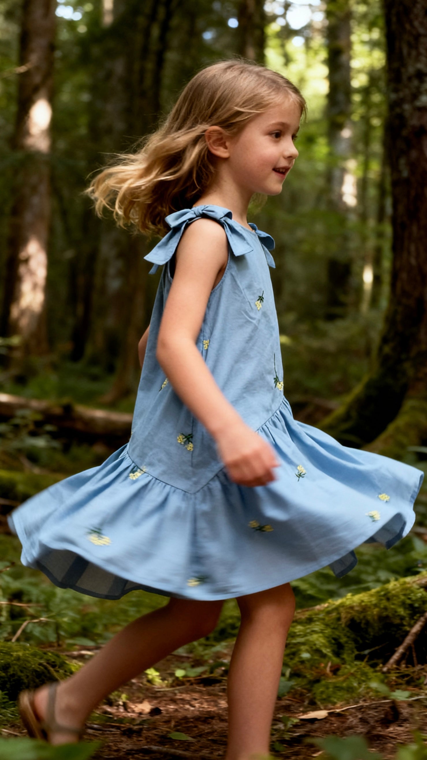 Girls' light blue sleeveless embroidered bow dress-1