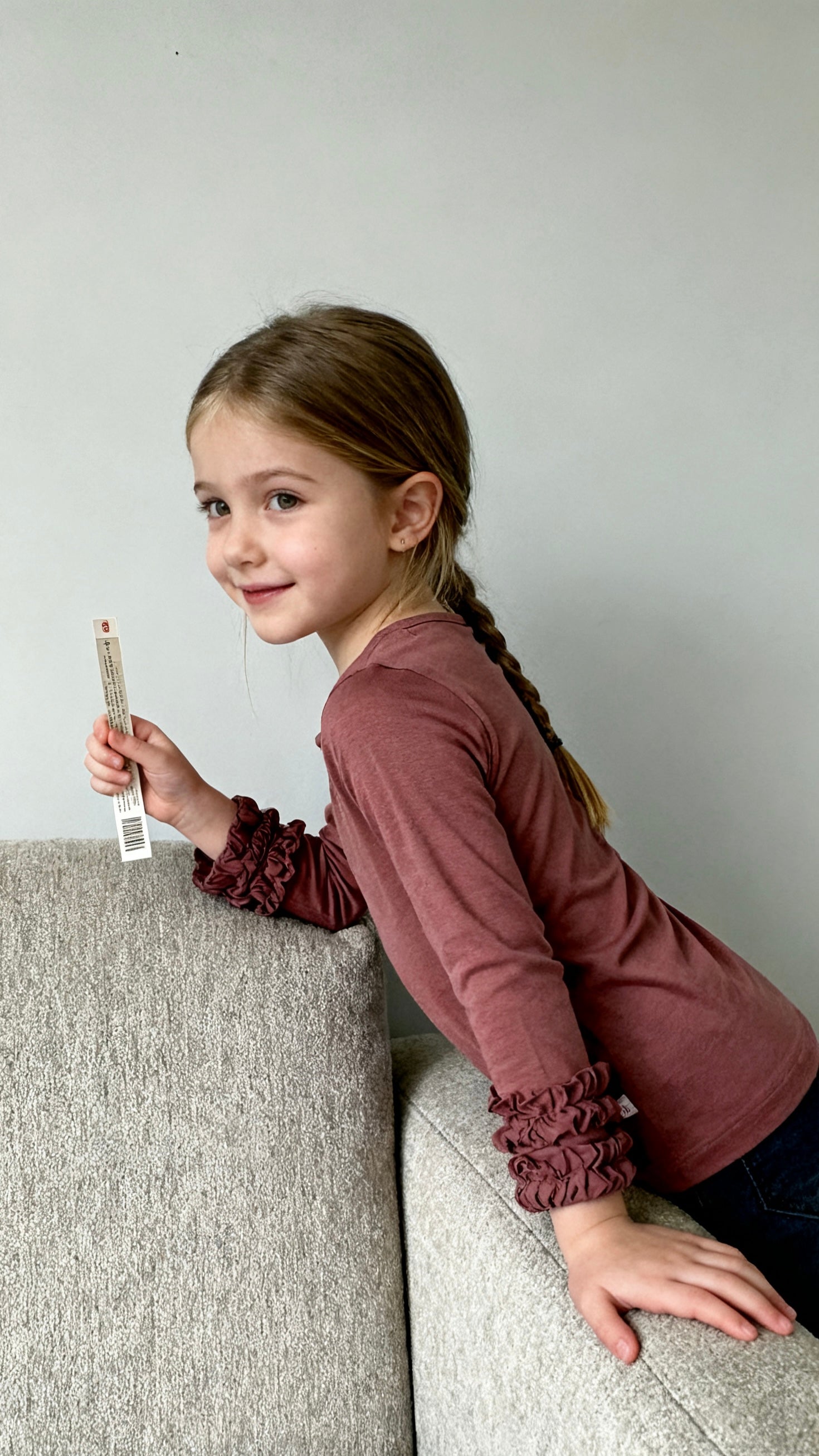 Girls' burgundy ruffled-sleeve long-sleeve top