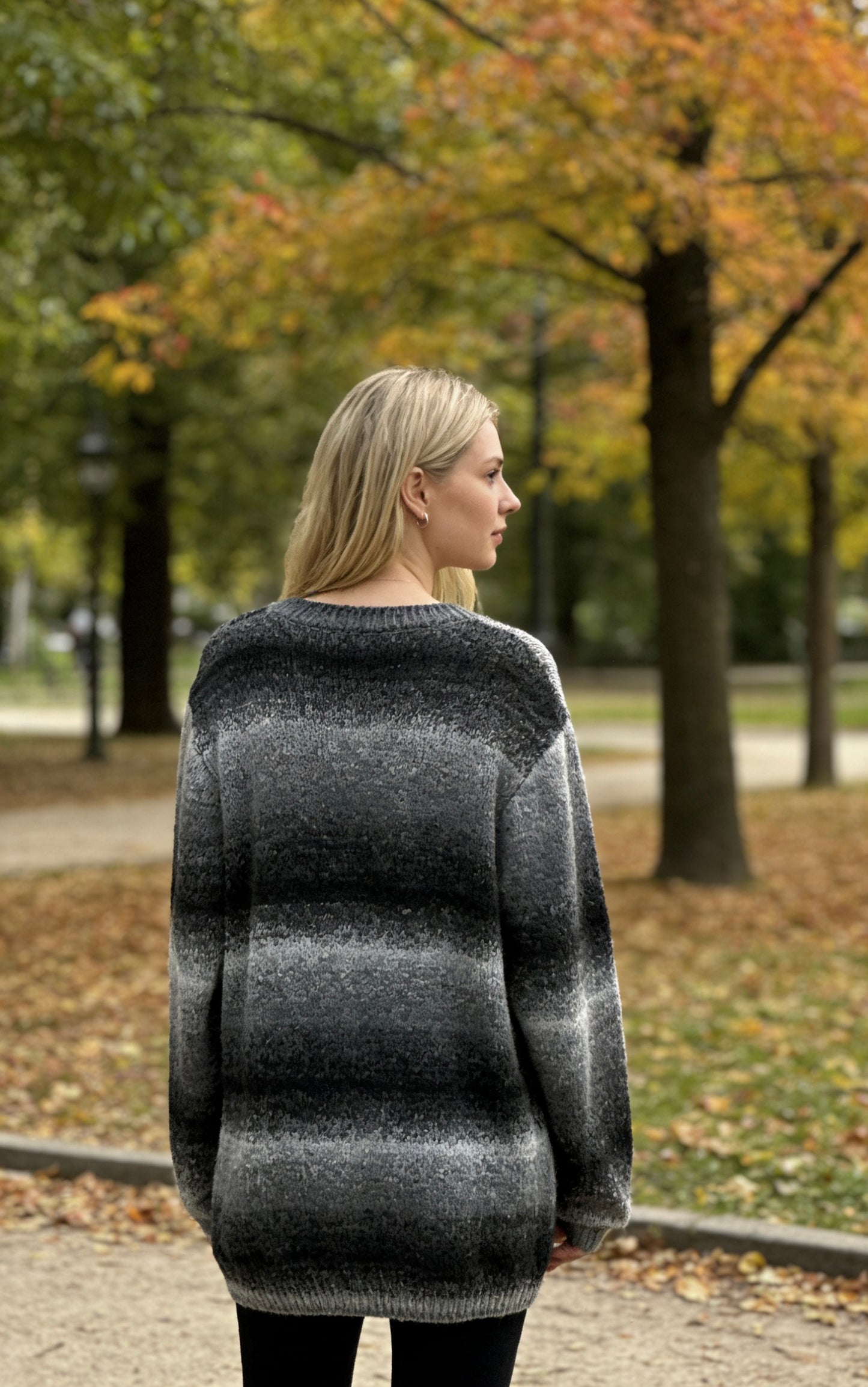 Women’s black and gray ombré striped brushed knit oversized crew neck sweater