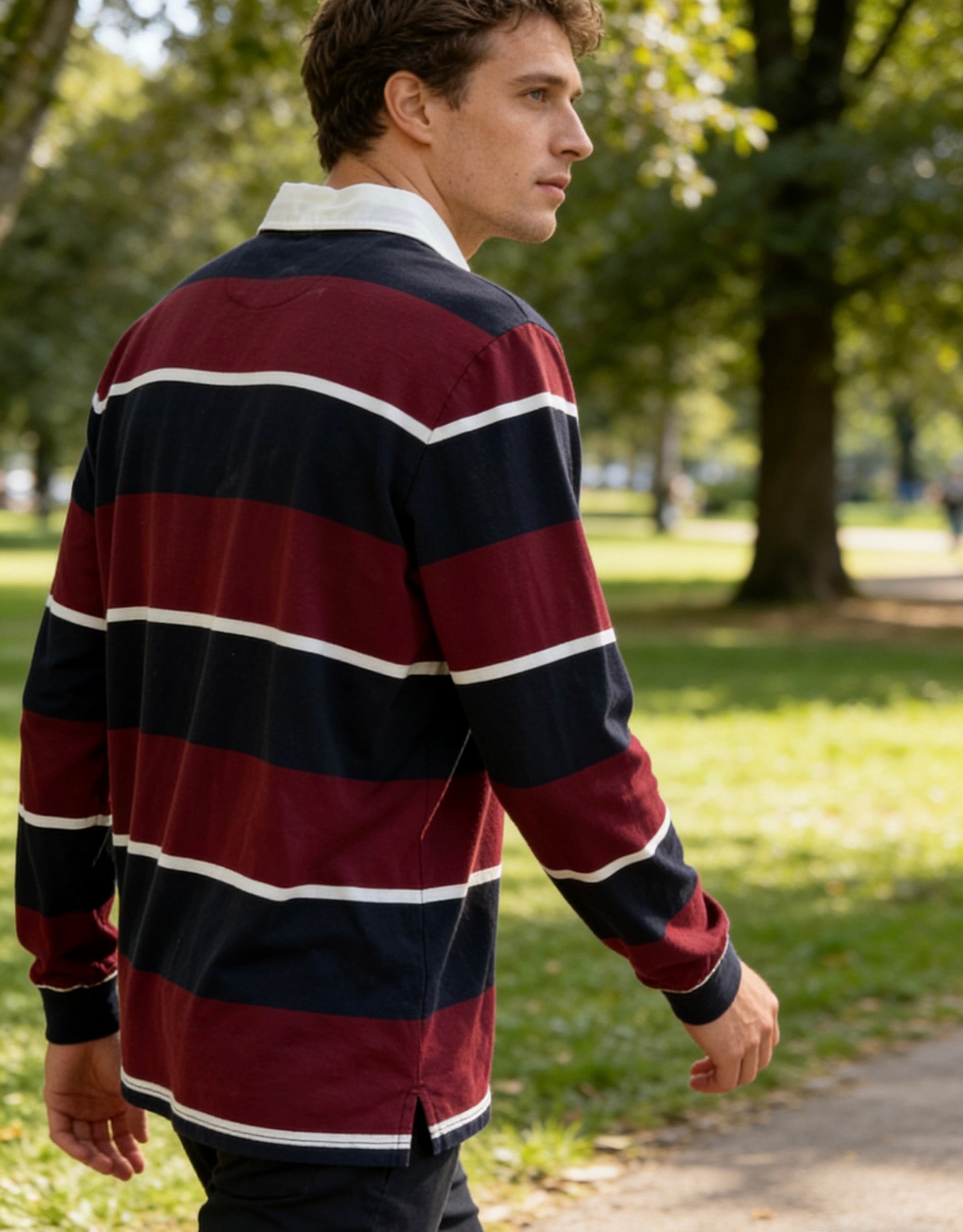 Men's Burgundy & Navy Striped Rugby Polo Shirt with Contrast Collar & Embroidered Badge