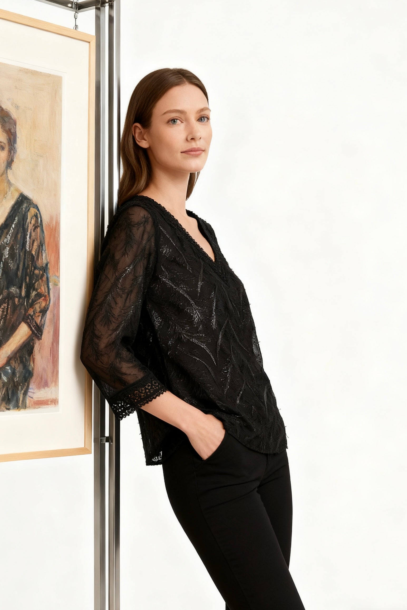 Black Sheer Embroidered 3/4 Sleeve Blouse-4