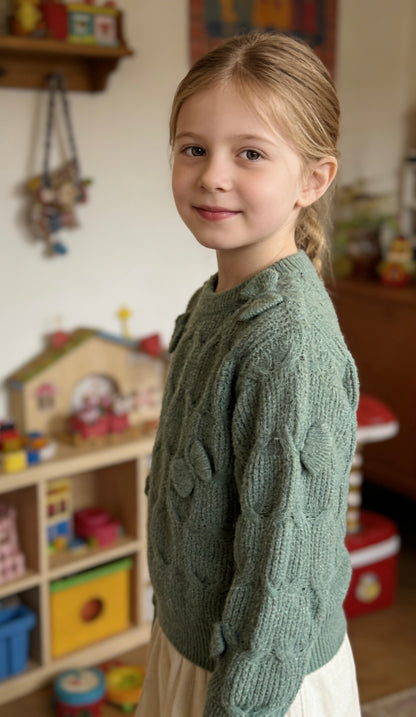 Girl’s’ sage green cable knit crew neck sweater
