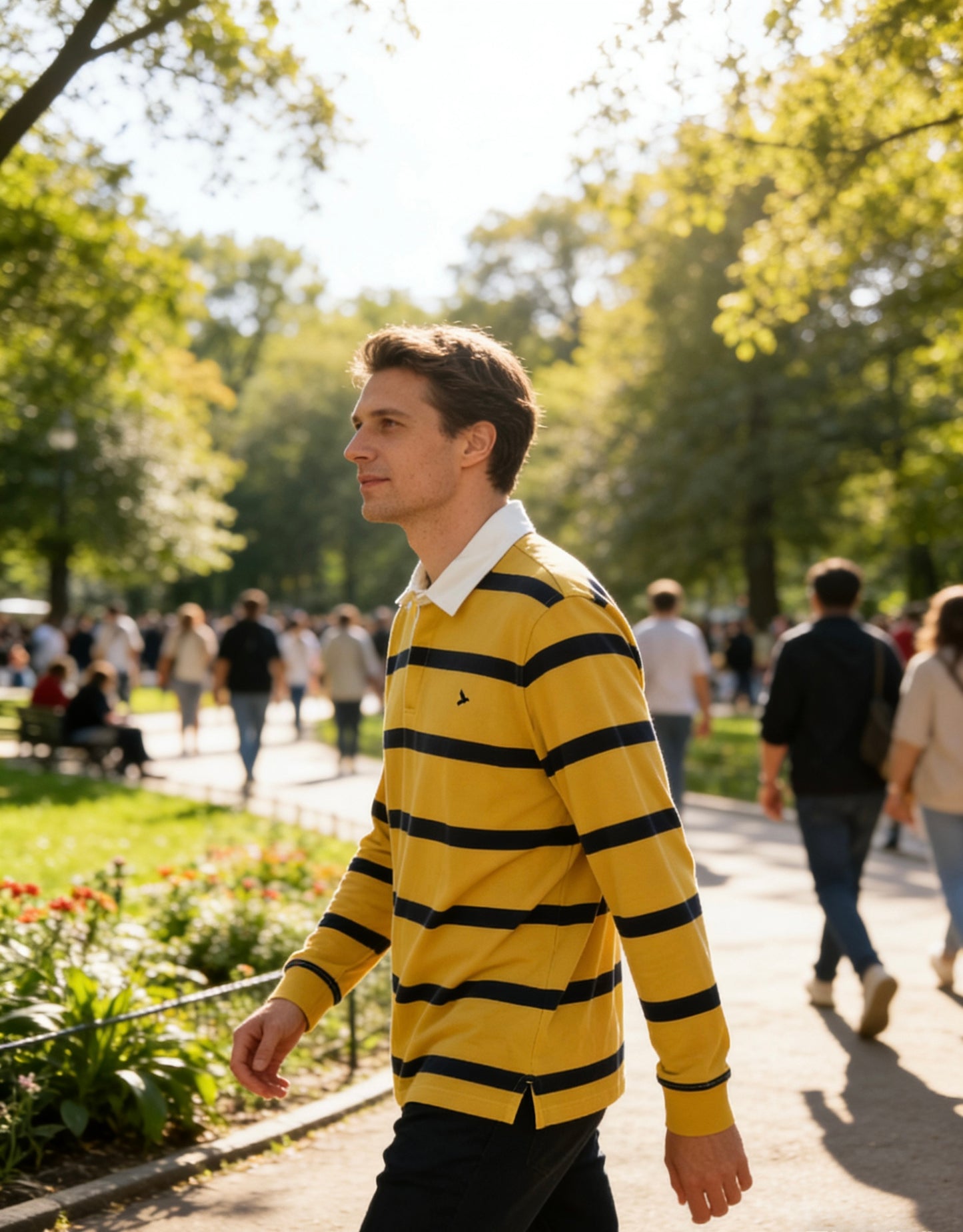 Man’s yellow and navy blue striped long-sleeve rugby shirt with white collar