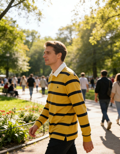 Man’s yellow and navy blue striped long-sleeve rugby shirt with white collar