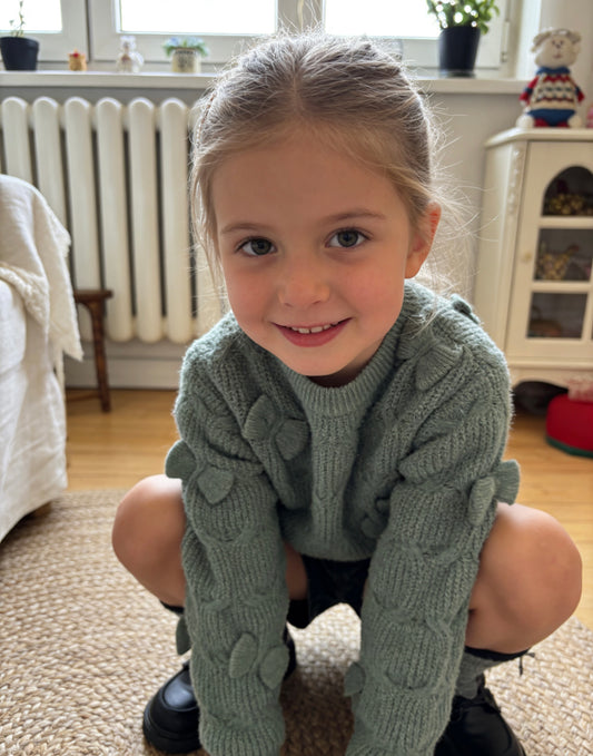 Girl’s’ sage green cable knit crew neck sweater