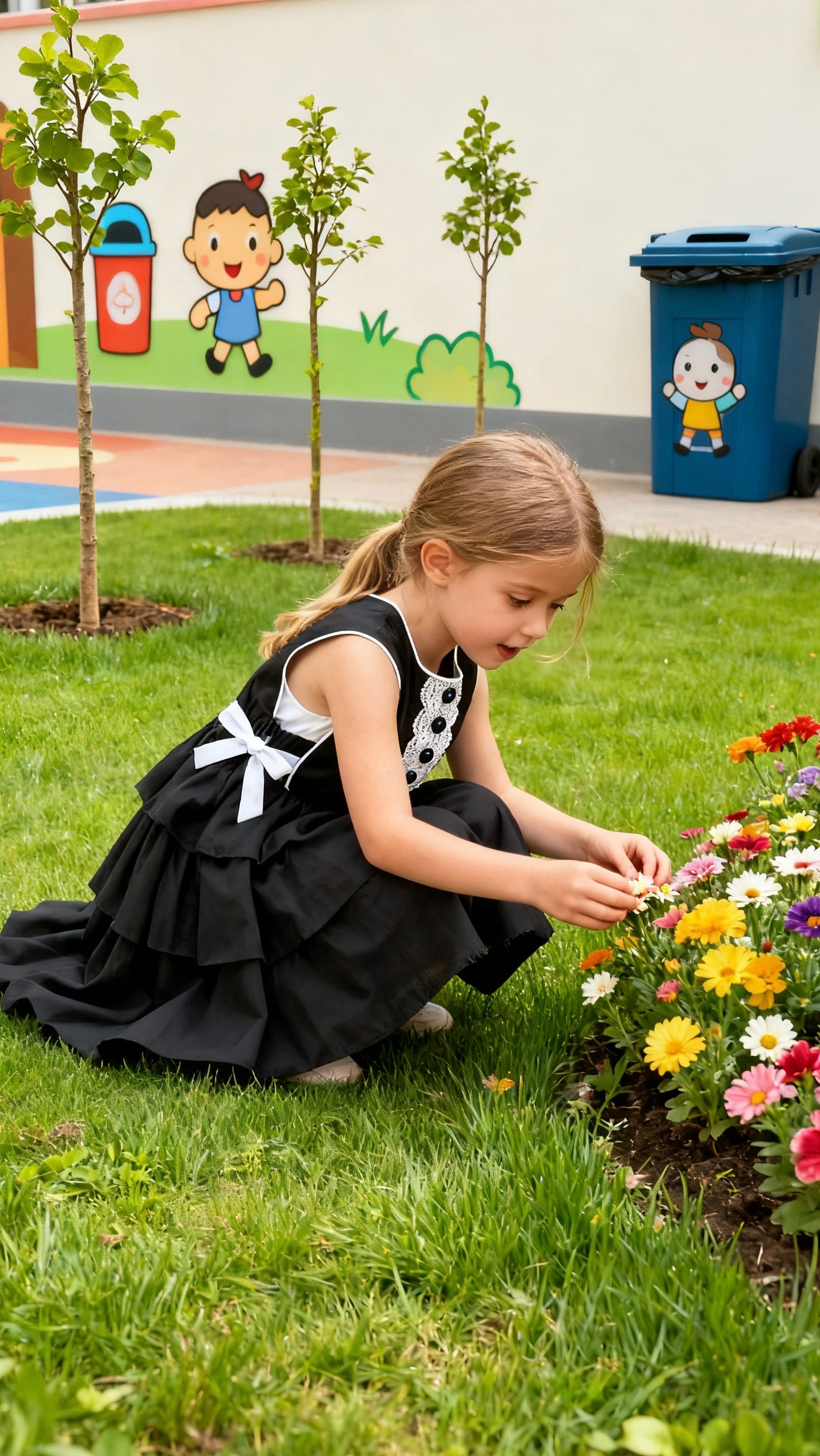 Girls’ black and white lace ruffled dress-1